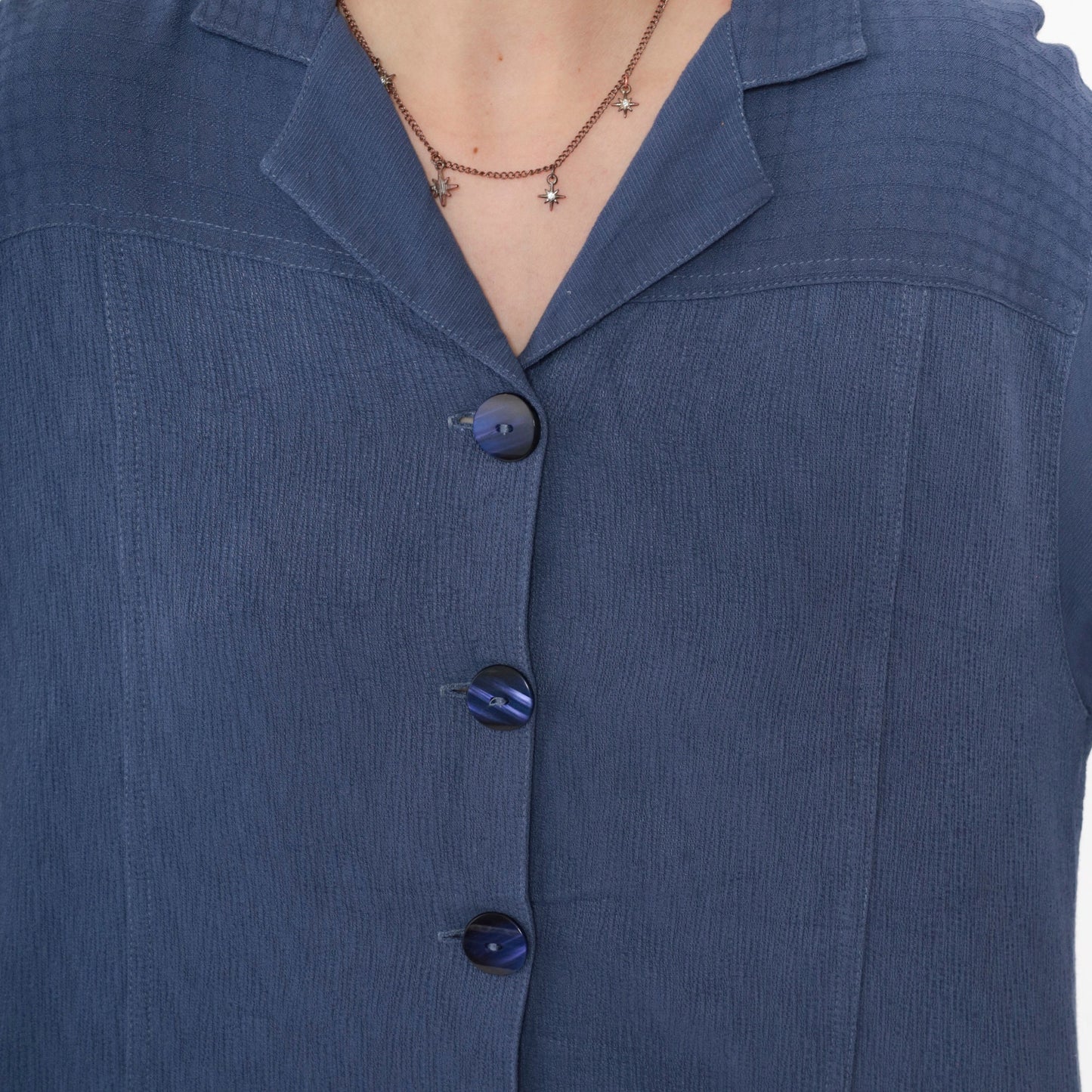 90s Blue Button Up Blouse Asian Chop Stamp Print Textured Yoke Small