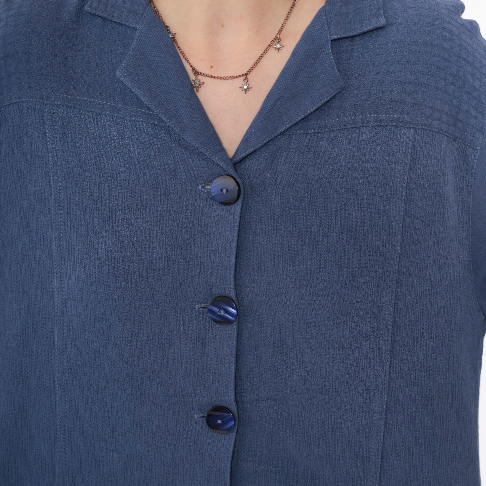 90s Blue Button Up Blouse Asian Chop Stamp Print Textured Yoke Small