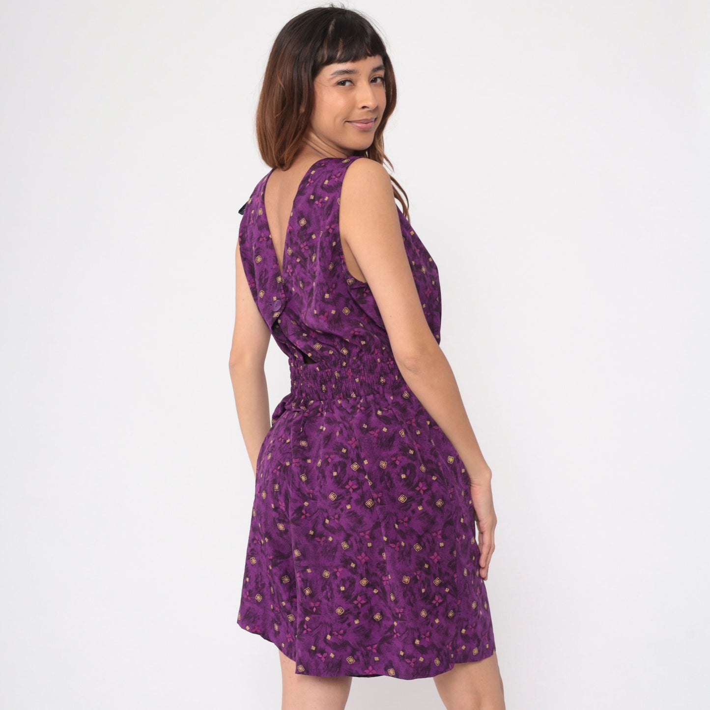 90s Kathie Lee Purple Geometric Leaf Print Romper Keyhole Back Medium Large