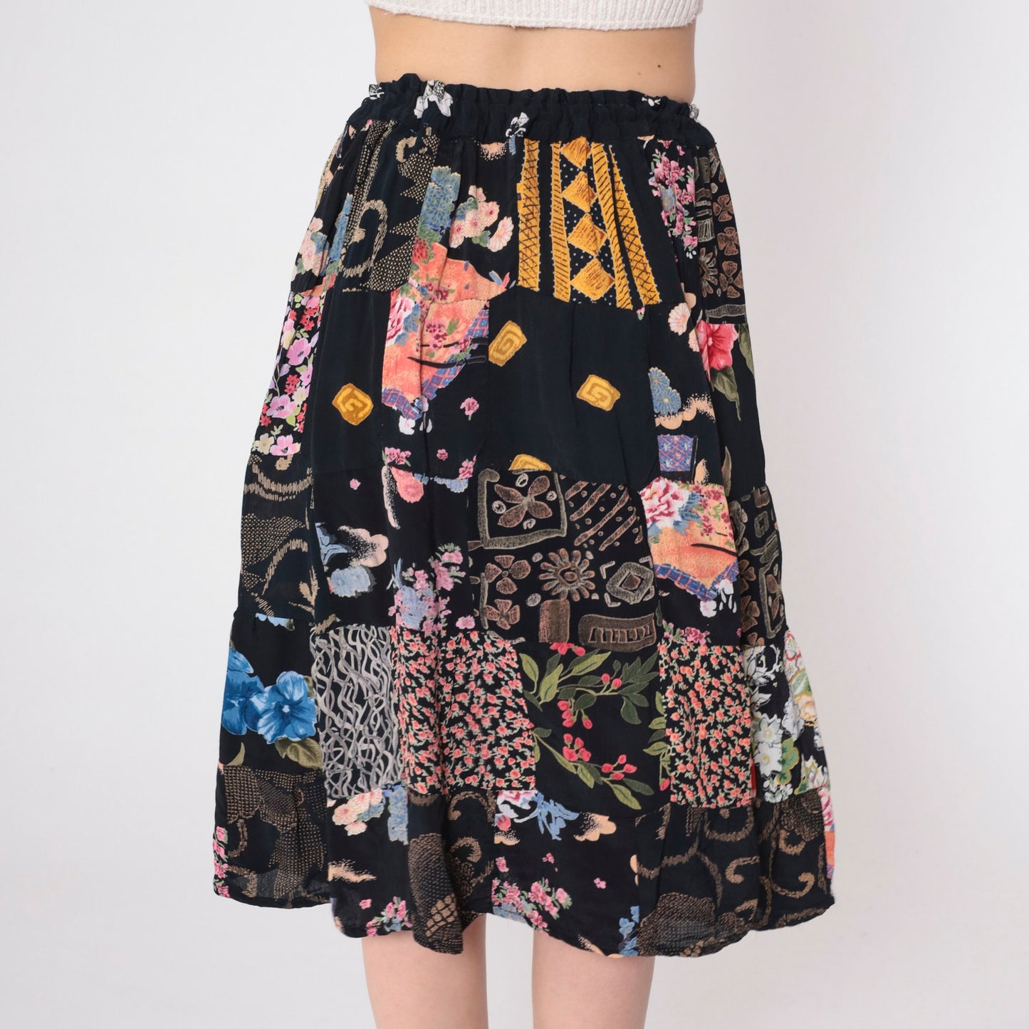 90s Black Floral Patchwork Midi Skirt Drawstring Waist One Size