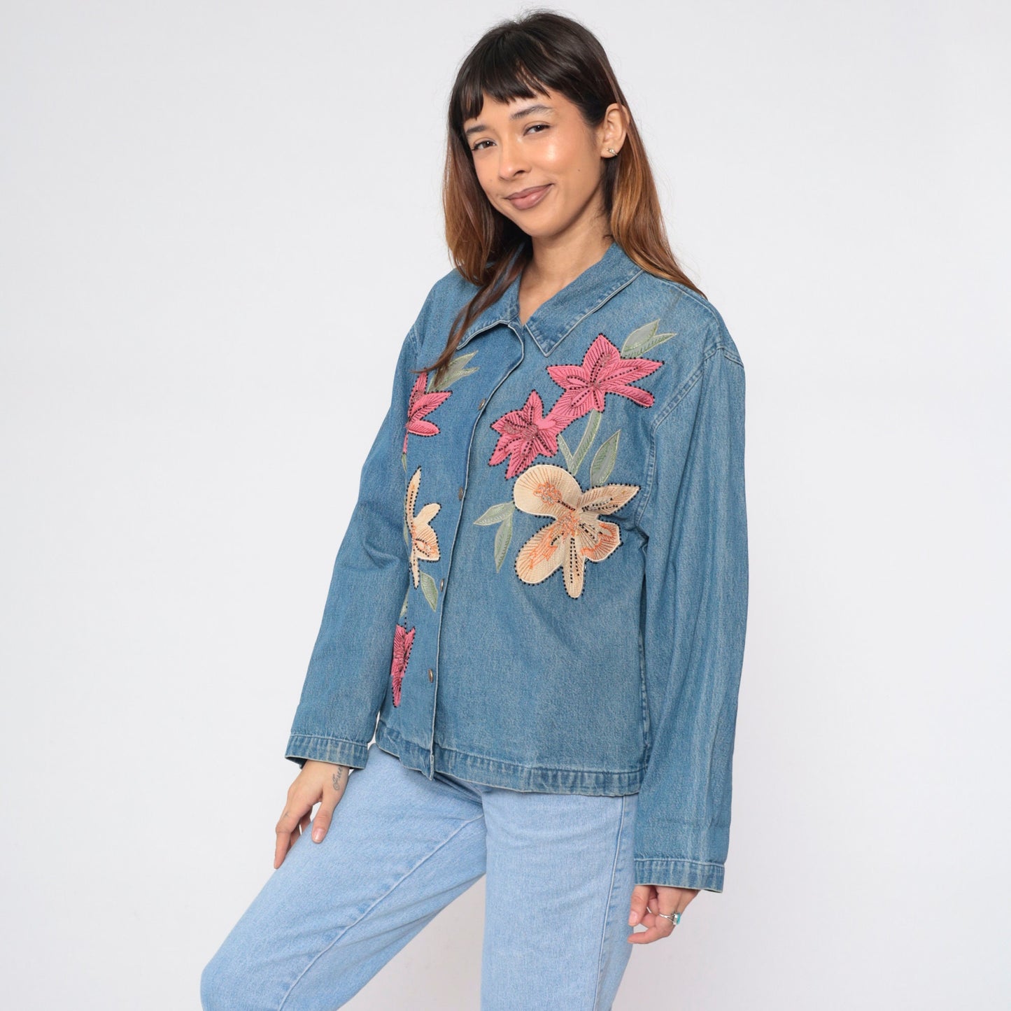 90s Tantrums Denim Jacket Floral Embroidered Beaded Blue Large