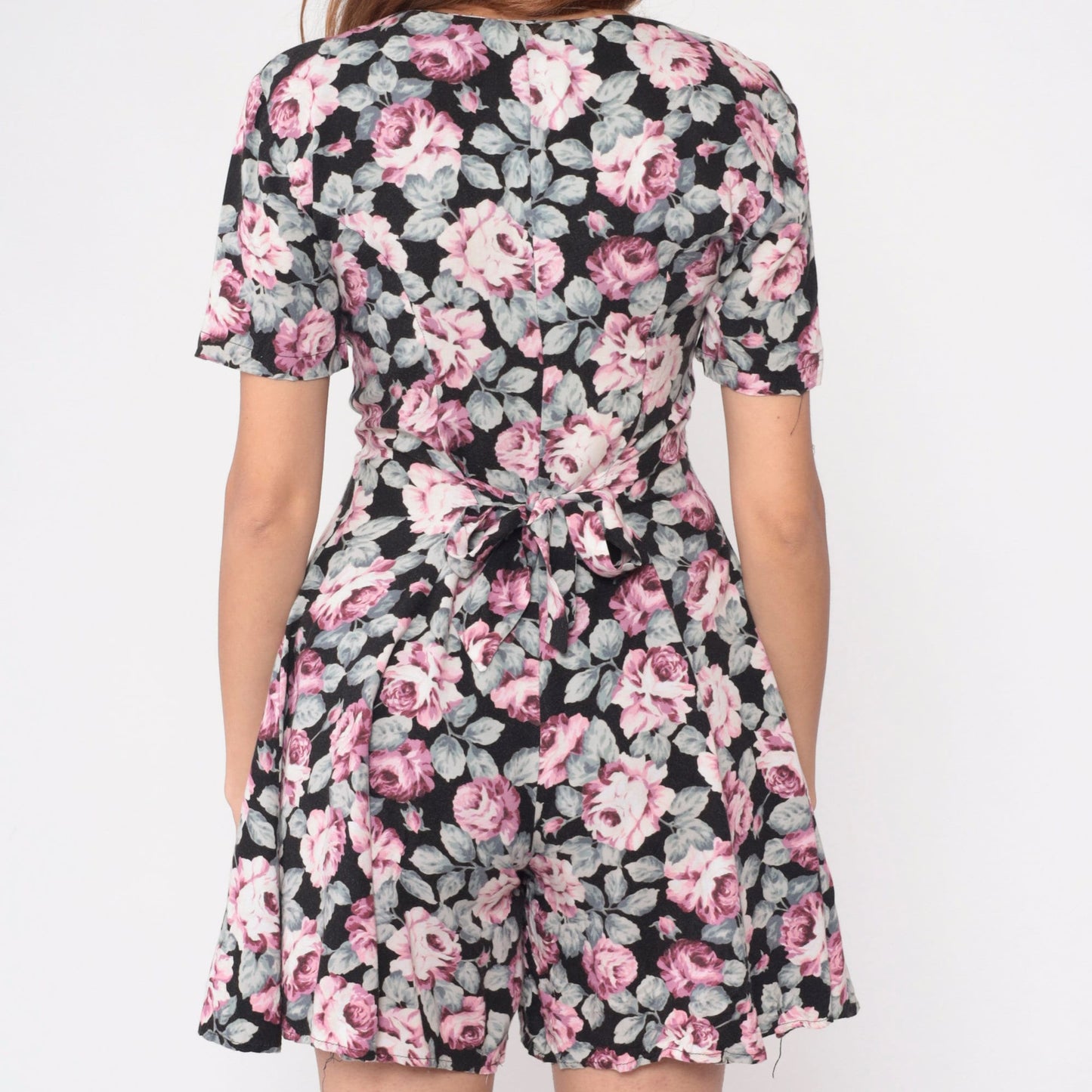 90s Rampage Floral Romper Pink Rose Print Black Button-Up Wide Leg Small S