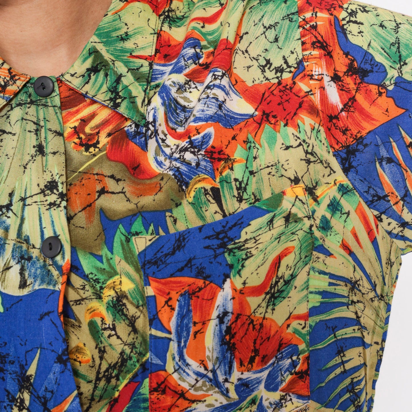 90s Tropical Floral Button-Up Blouse Red Black Marbled Print Short Sleeve Small