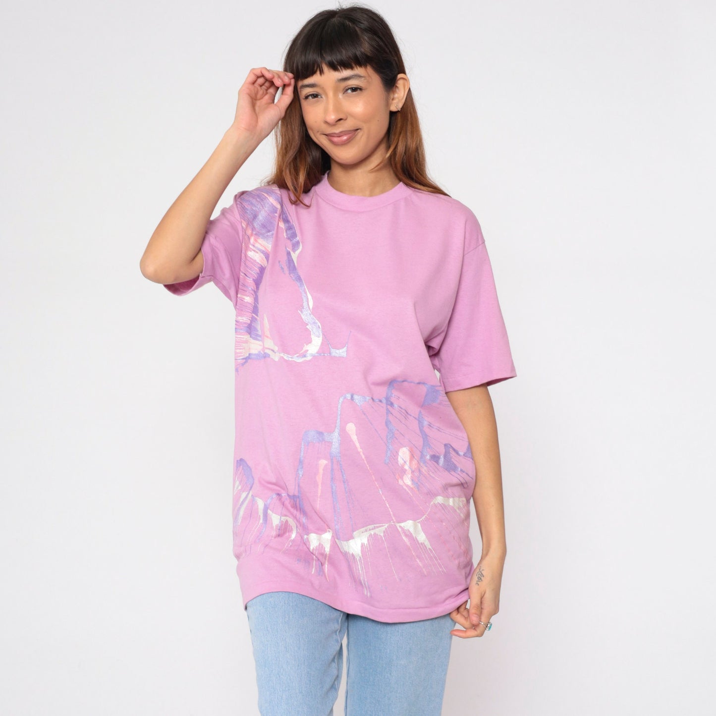 90s Pink Metallic Paint Splatter Graphic T-Shirt Single Stitch Large L