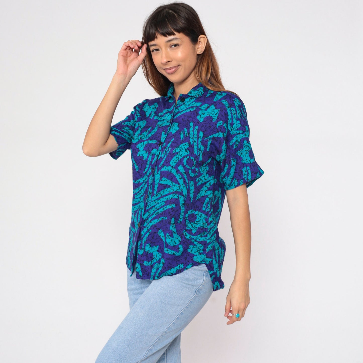 90s Abstract Marbled Button-Up Blouse Purple Blue Black Short Sleeve Medium