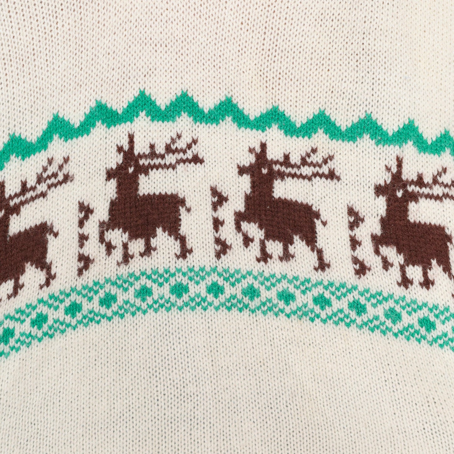 70s Elk Print Cream Knit V-Neck Sweater Striped Animal Pullover Large