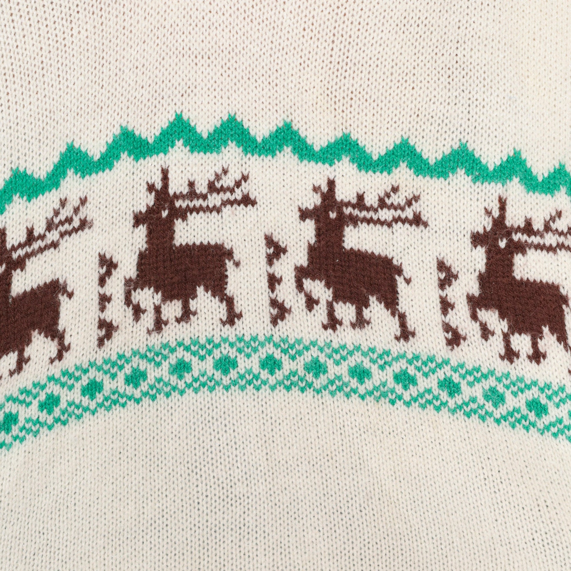 70s Elk Print Cream Knit V-Neck Sweater Striped Animal Pullover Large