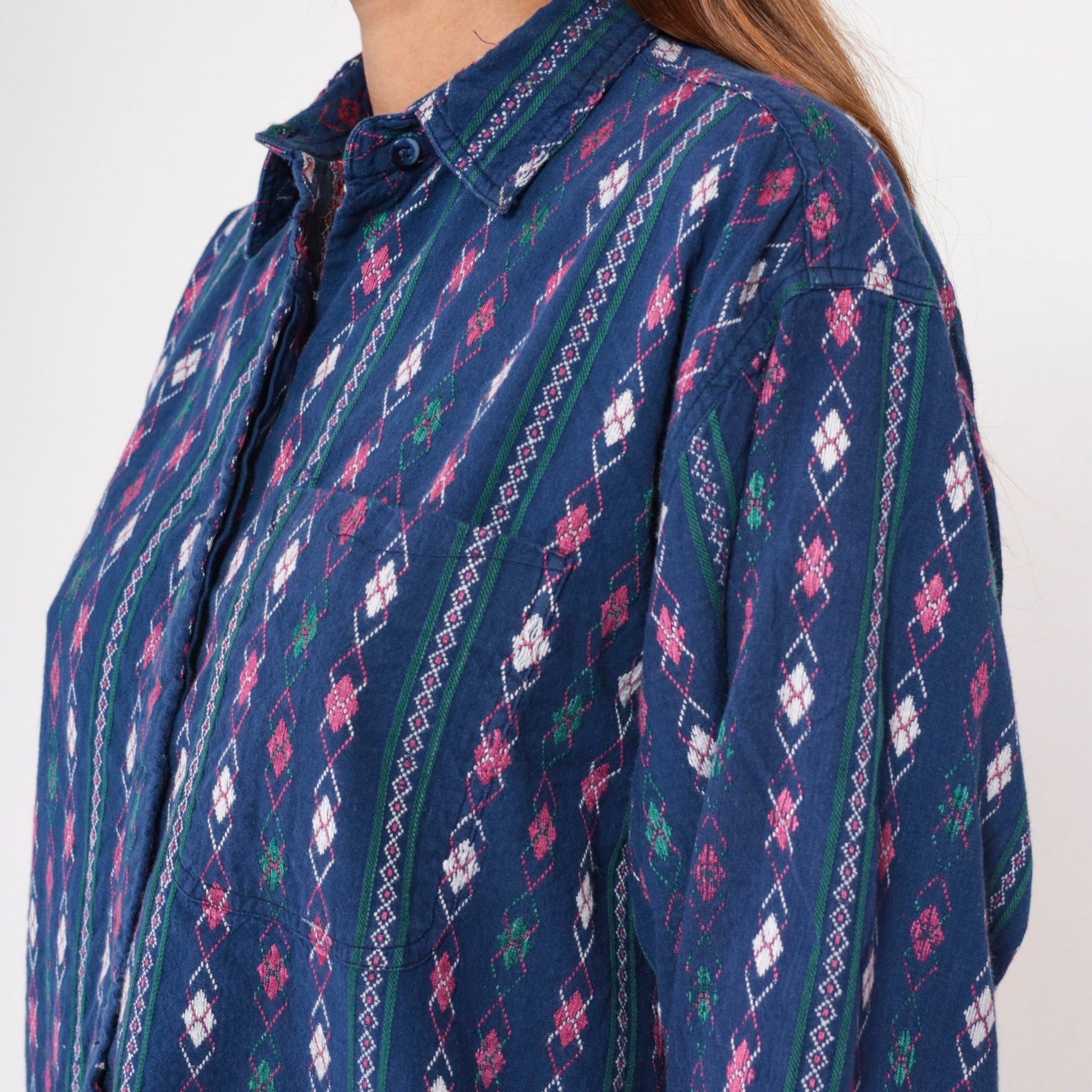90s Krazy Kat Blue Argyle Diamond Print Button-Up Blouse Long Sleeve Large L