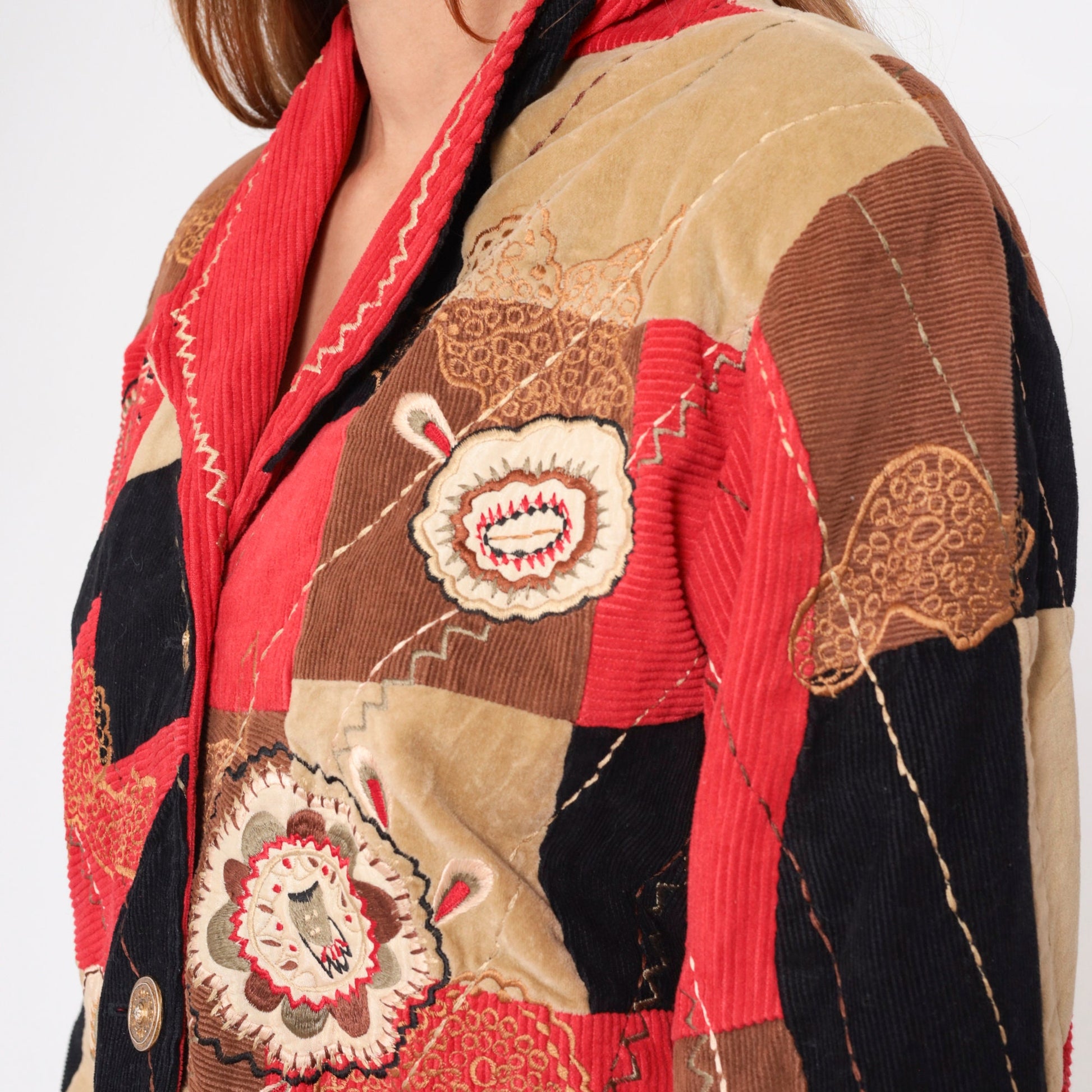 90s Patchwork Corduroy Blazer Floral Embroidered Button-Up Jacket Large L