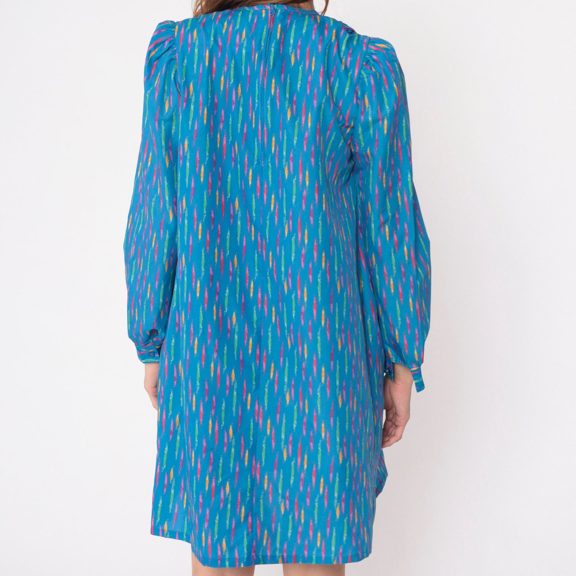 80s Mary Jane Corey California Striped Mini Dress Blue Puff Sleeve Shift Small