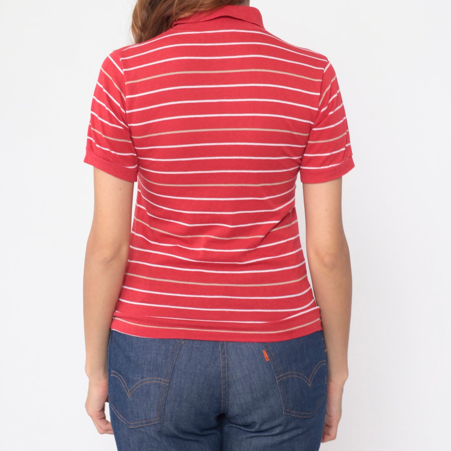 80s Red Striped Polo Shirt Snap Button Collared Top Extra Small