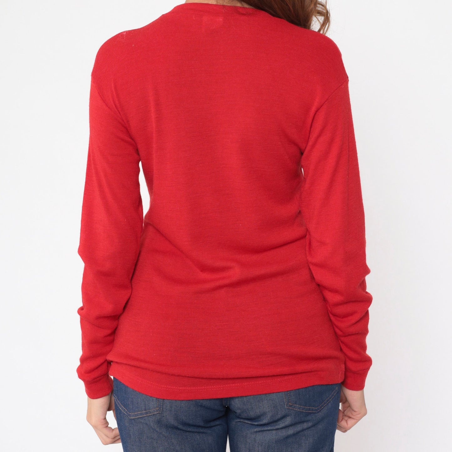 80s Stil Stoknes Thermal Undershirt Red Wool Nylon Long Sleeve Medium