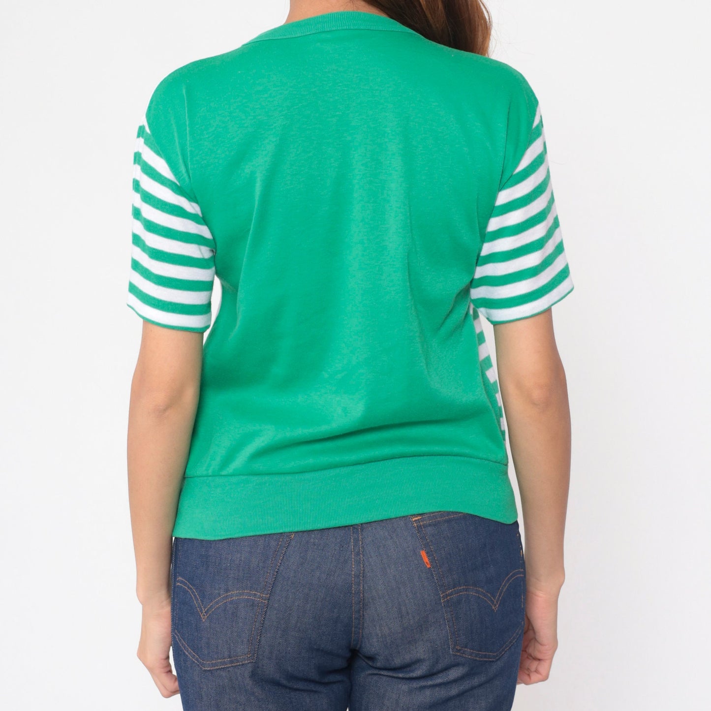 90s Floral Striped Polka Dot Blouse Green White Colour Block Small