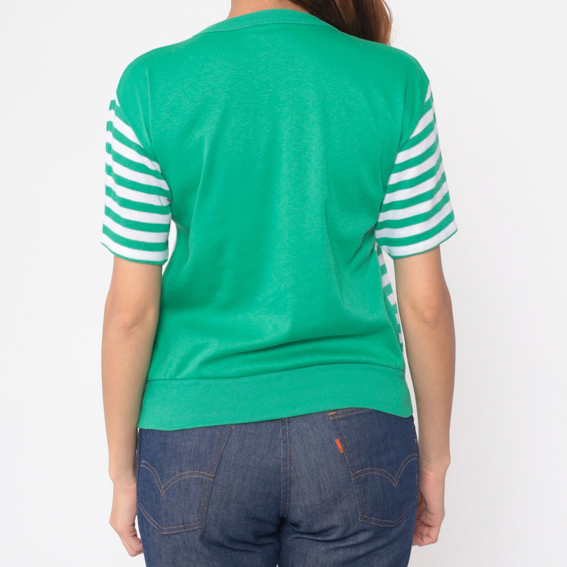 90s Floral Striped Polka Dot Blouse Green White Colour Block Small