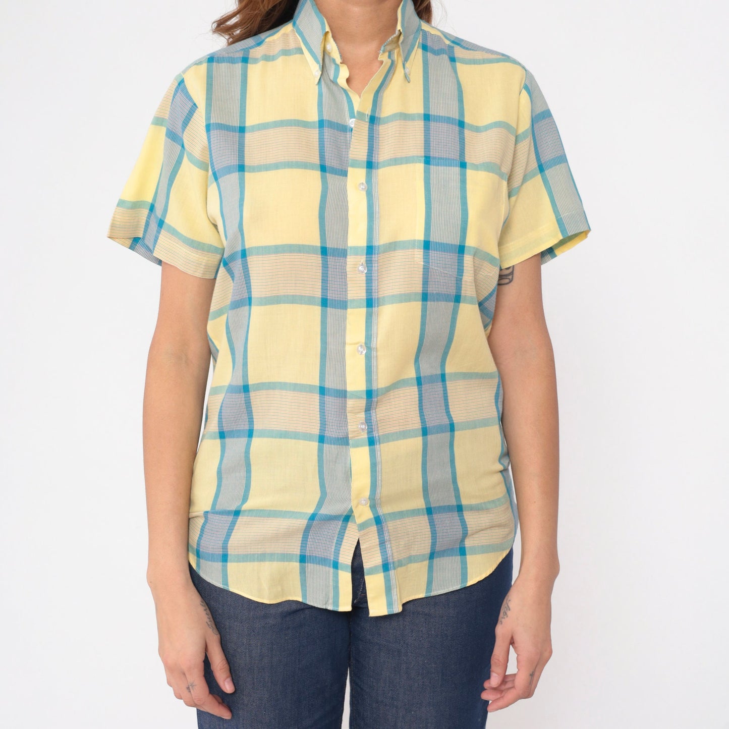 80s Yellow Blue Plaid Button Up Shirt Short Sleeve Collared Top Small S