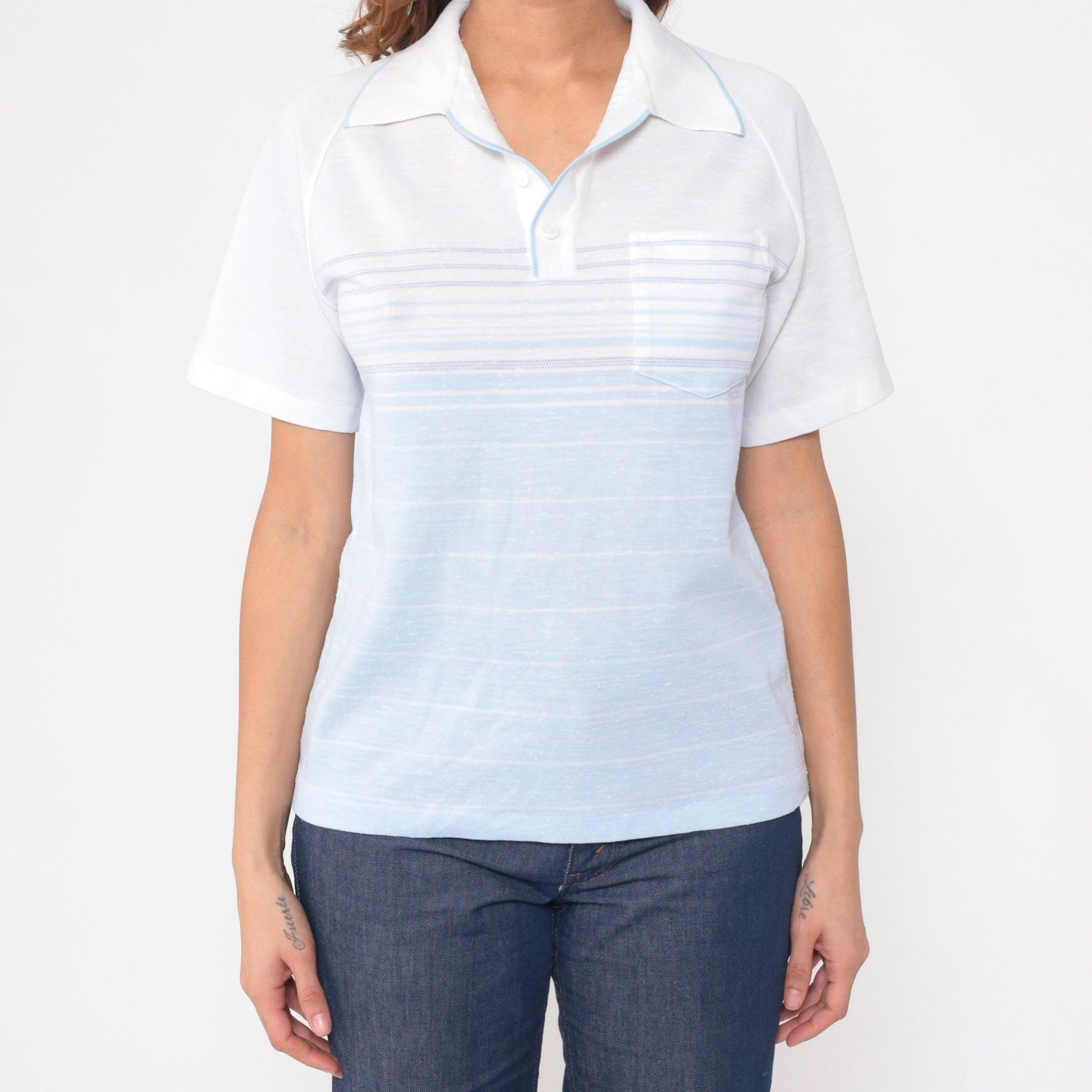 80s Status Club White Baby Blue Striped Polo Raglan Shirt Small