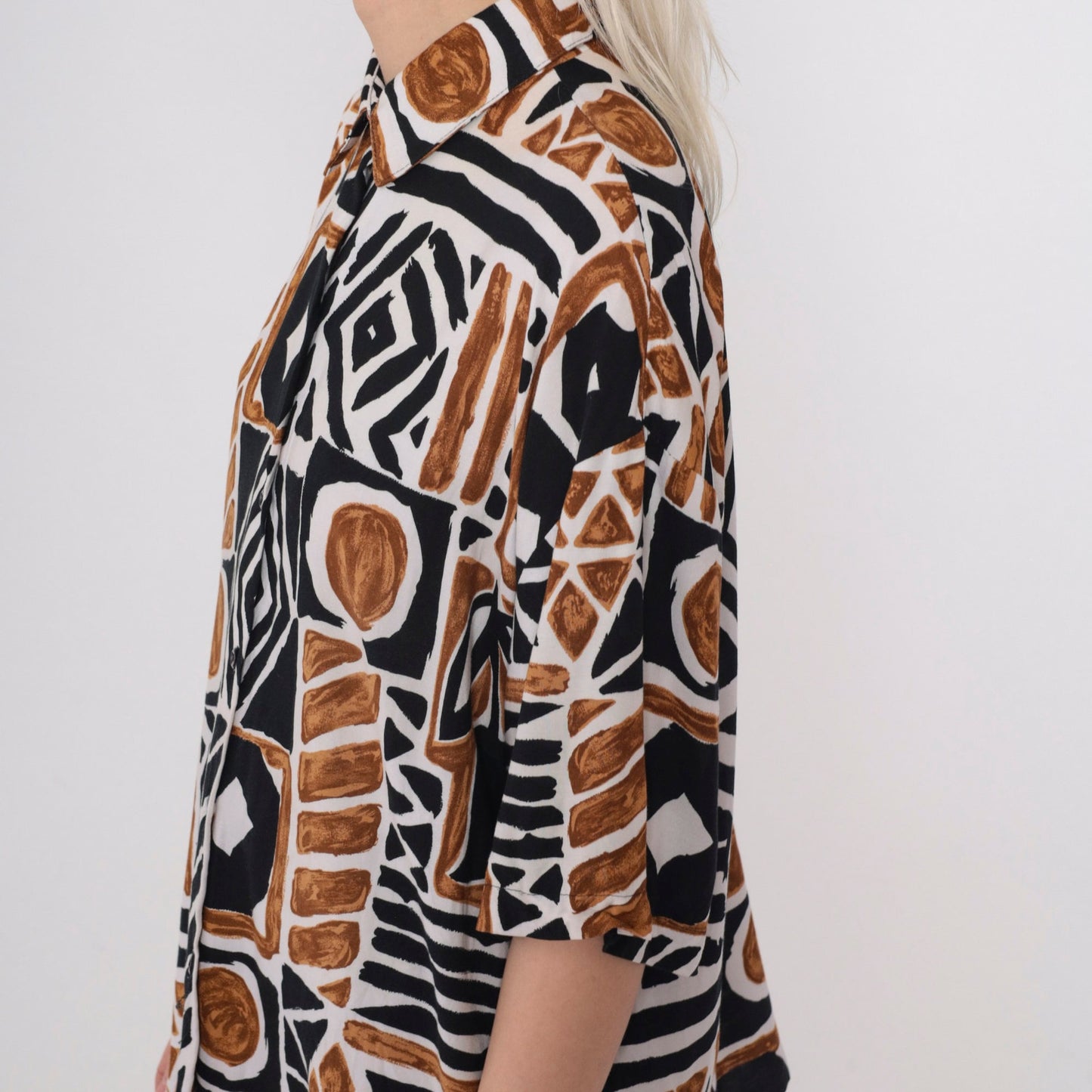 90s Kathie Lee Plus Geometric Safari Print Button Up Blouse Brown Black Extra Large XXL