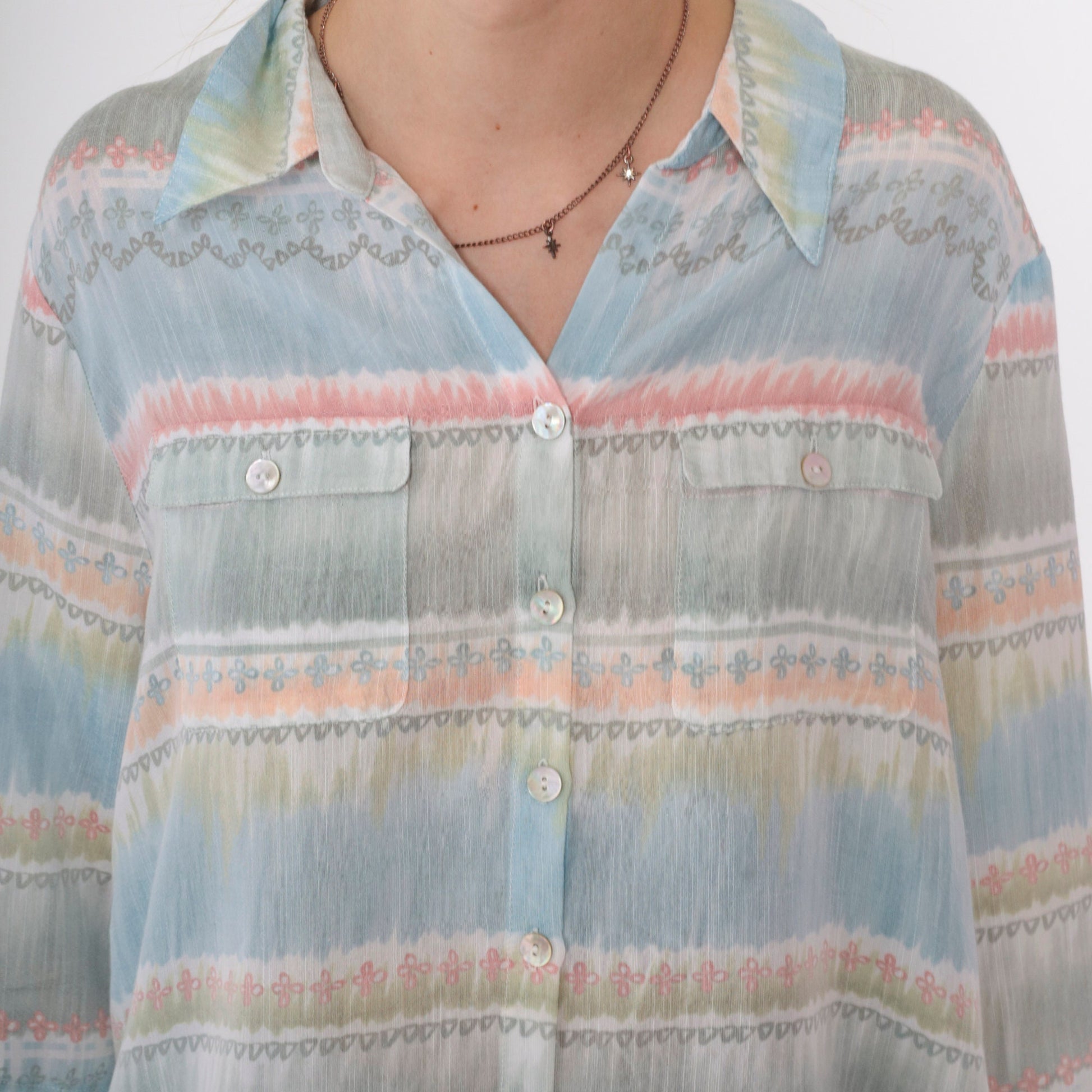 90s Alfred Dunner Striped Button-Up Blouse Muted Pastel 3/4 Sleeve Petite Large