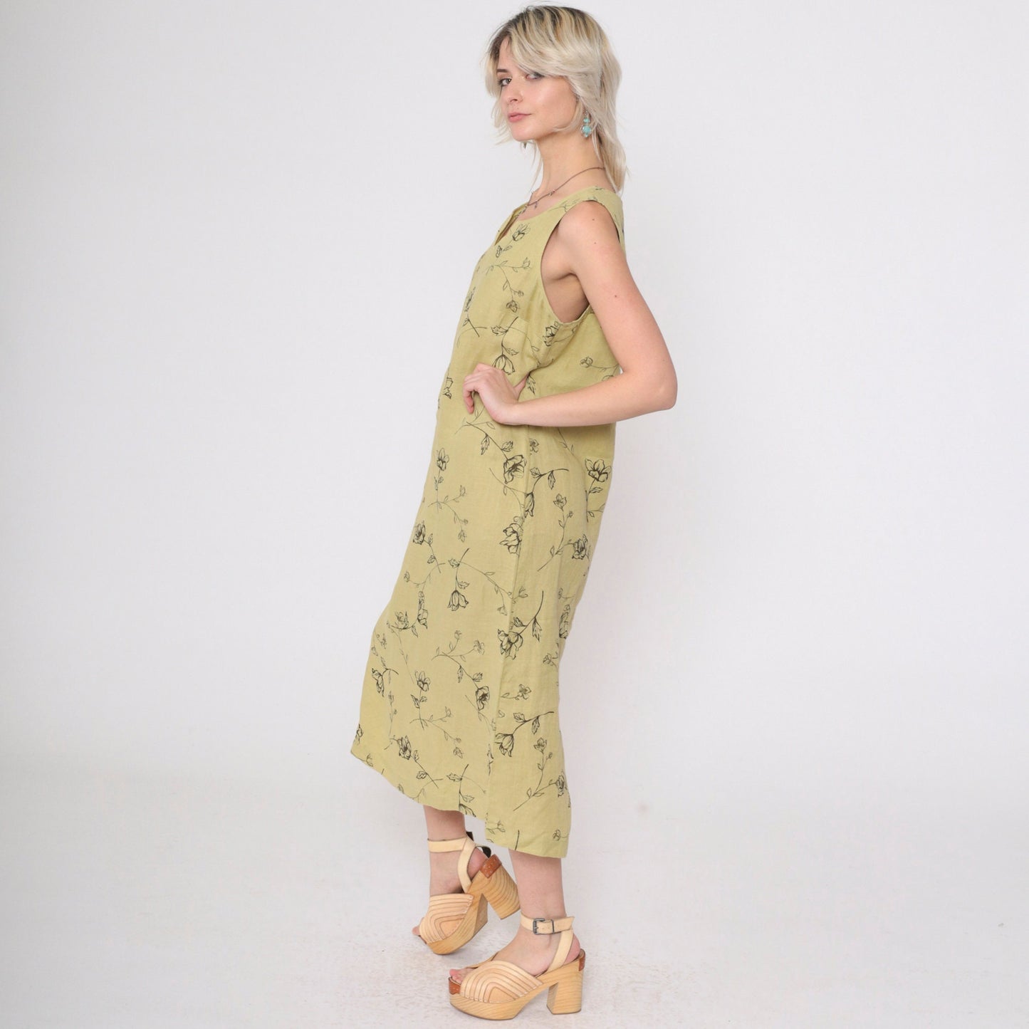 90s Style & Co. Floral Linen Midi Dress Chartreuse Sleeveless Slit Neckline Medium 10
