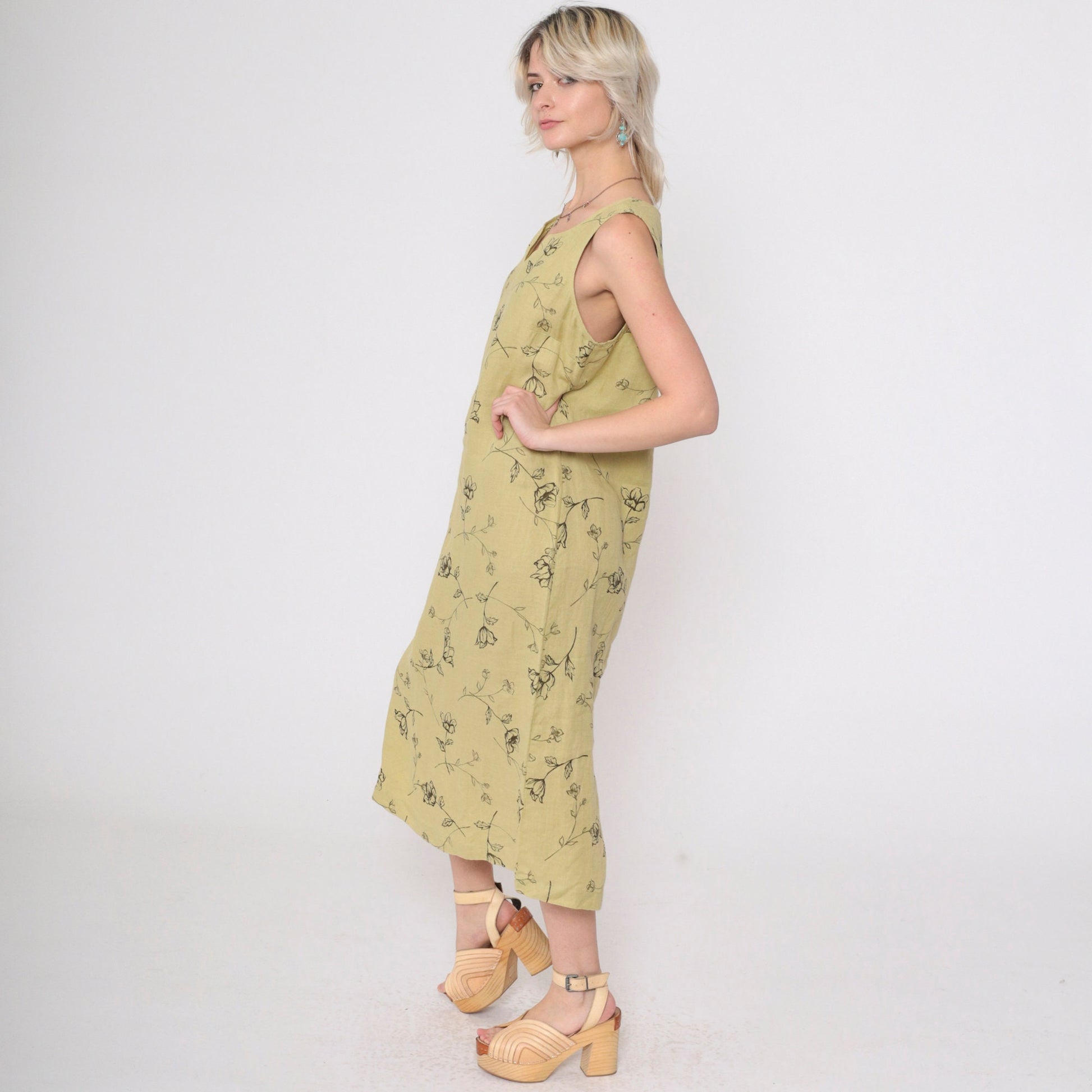 90s Style & Co. Floral Linen Midi Dress Chartreuse Sleeveless Slit Neckline Medium 10