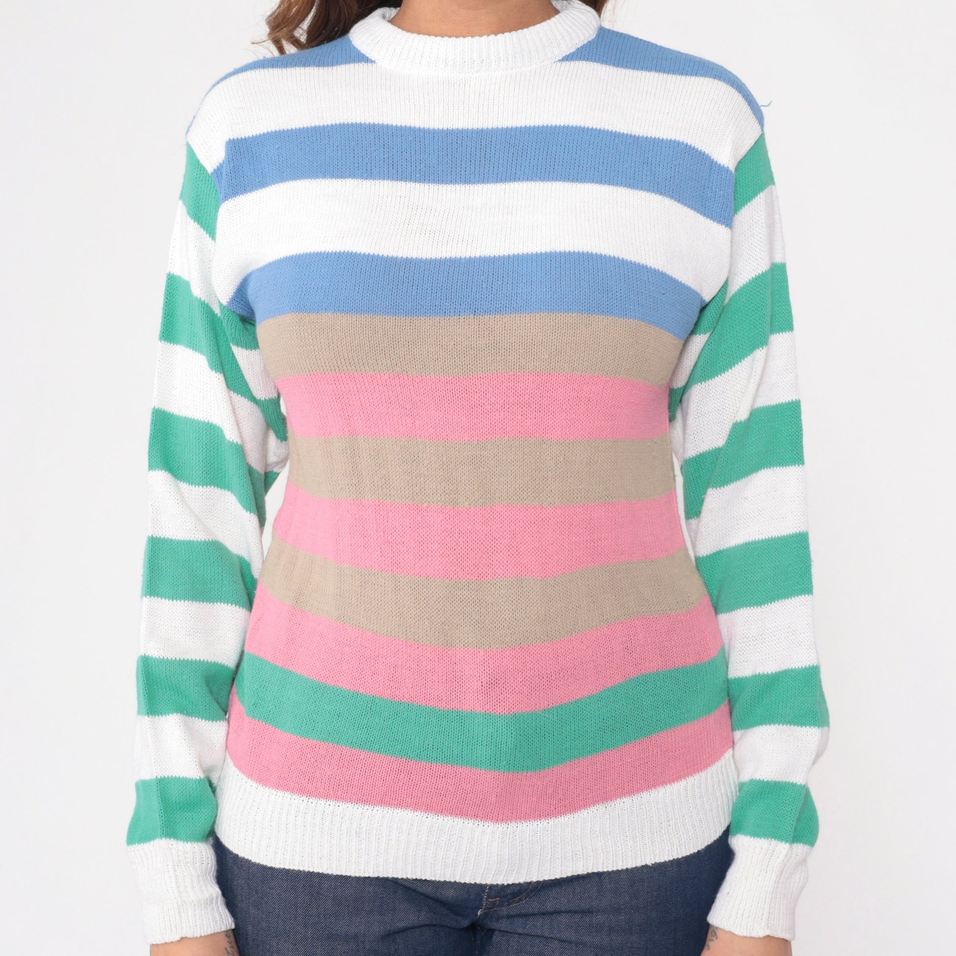 80s Colour Block Striped Crewneck Sweater White Pink Blue Green Extra Small