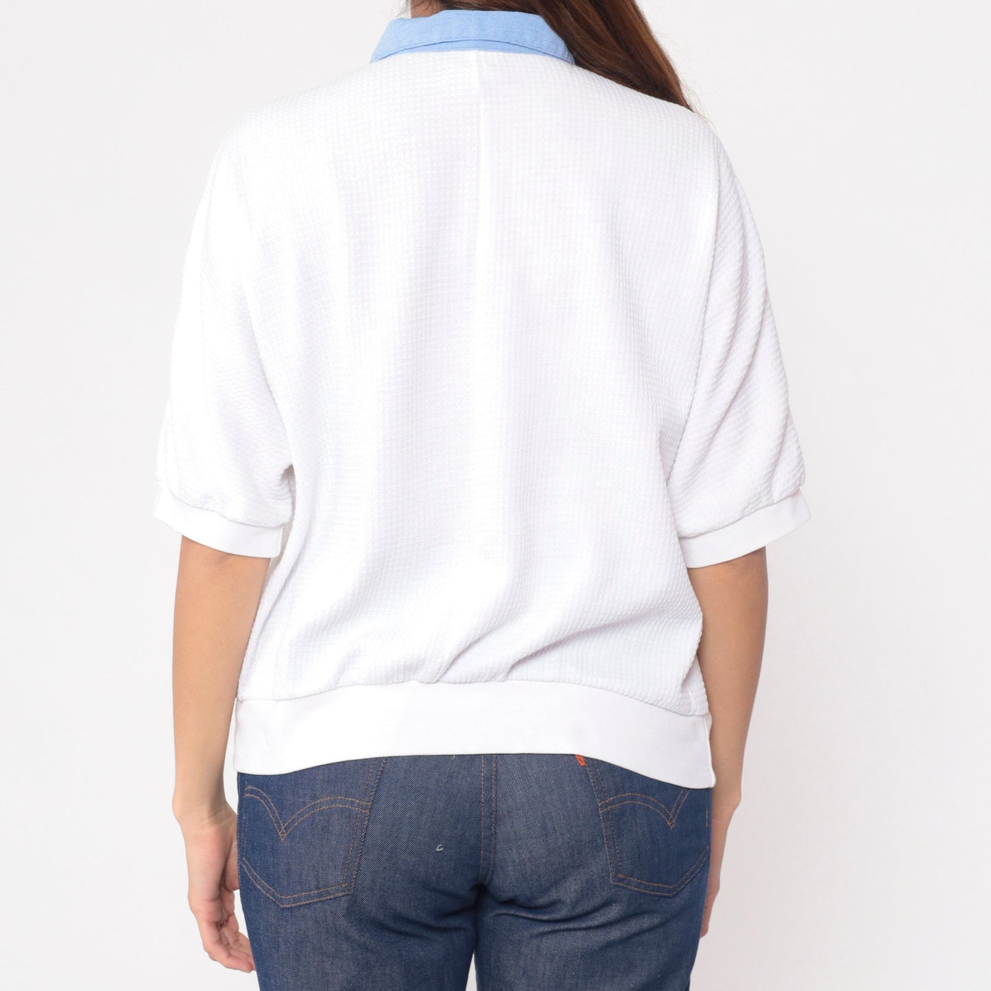 90s Koret Polo Shirt White Lattice Waffle Knit Dolman Sleeve Large L