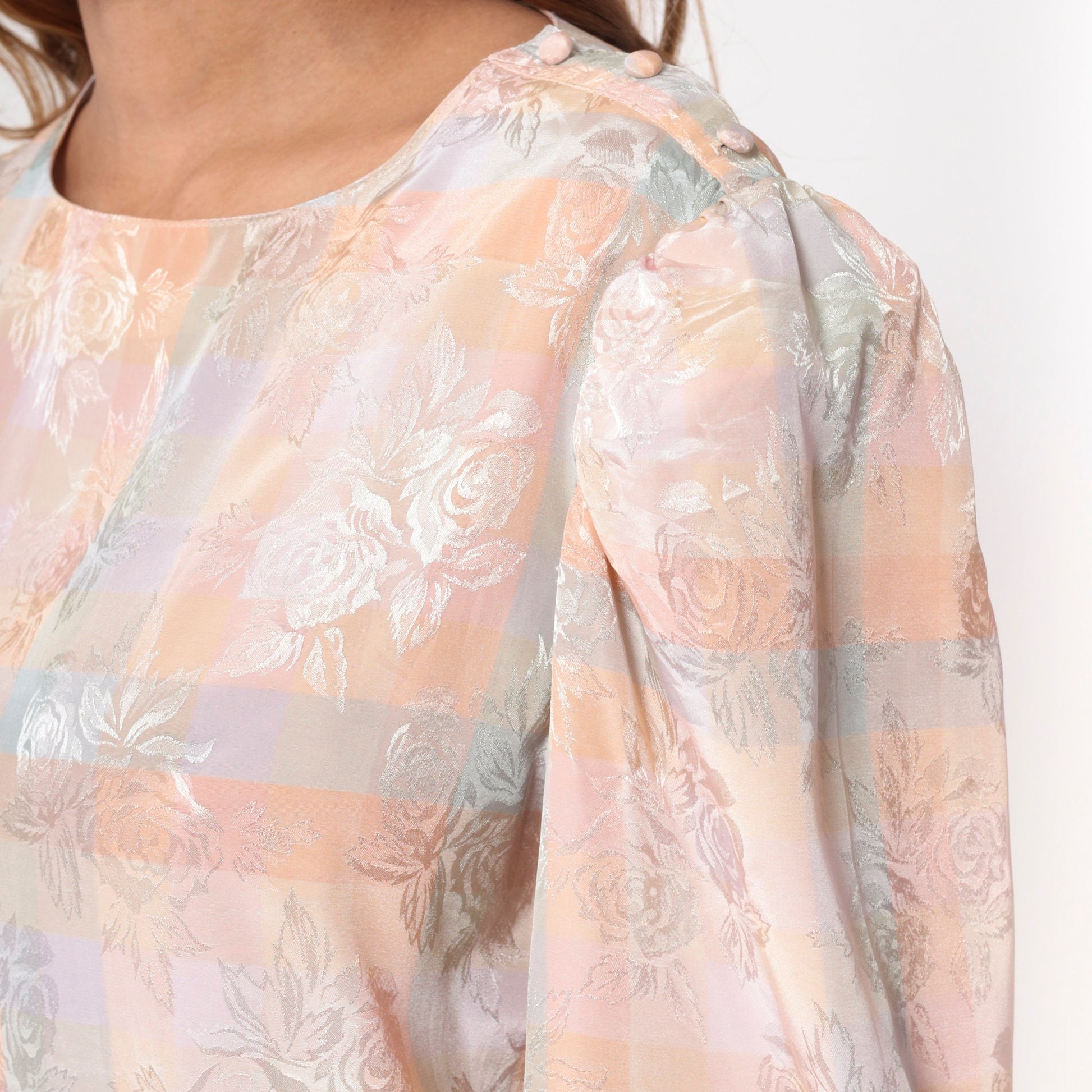 80s Kaki Roberts Peach Checkered Floral Puff Sleeve Blouse Small