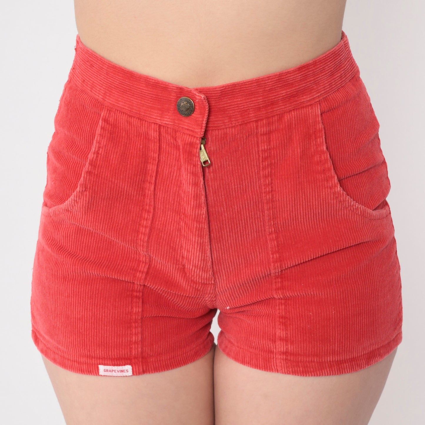 80s Red Corduroy Shorts High Waist Patch Pockets Zipper Fly Extra Small