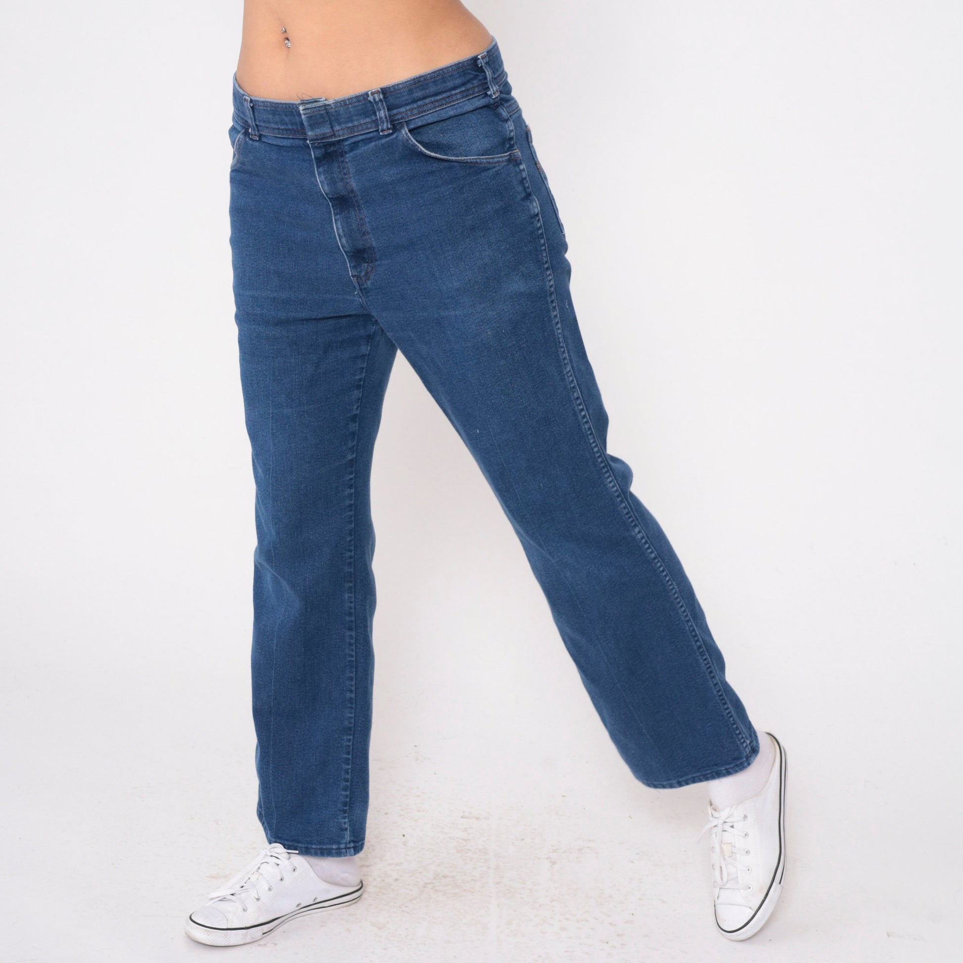 80s High Waisted Straight Leg Jeans Dark Blue Denim Men's 36 x 30