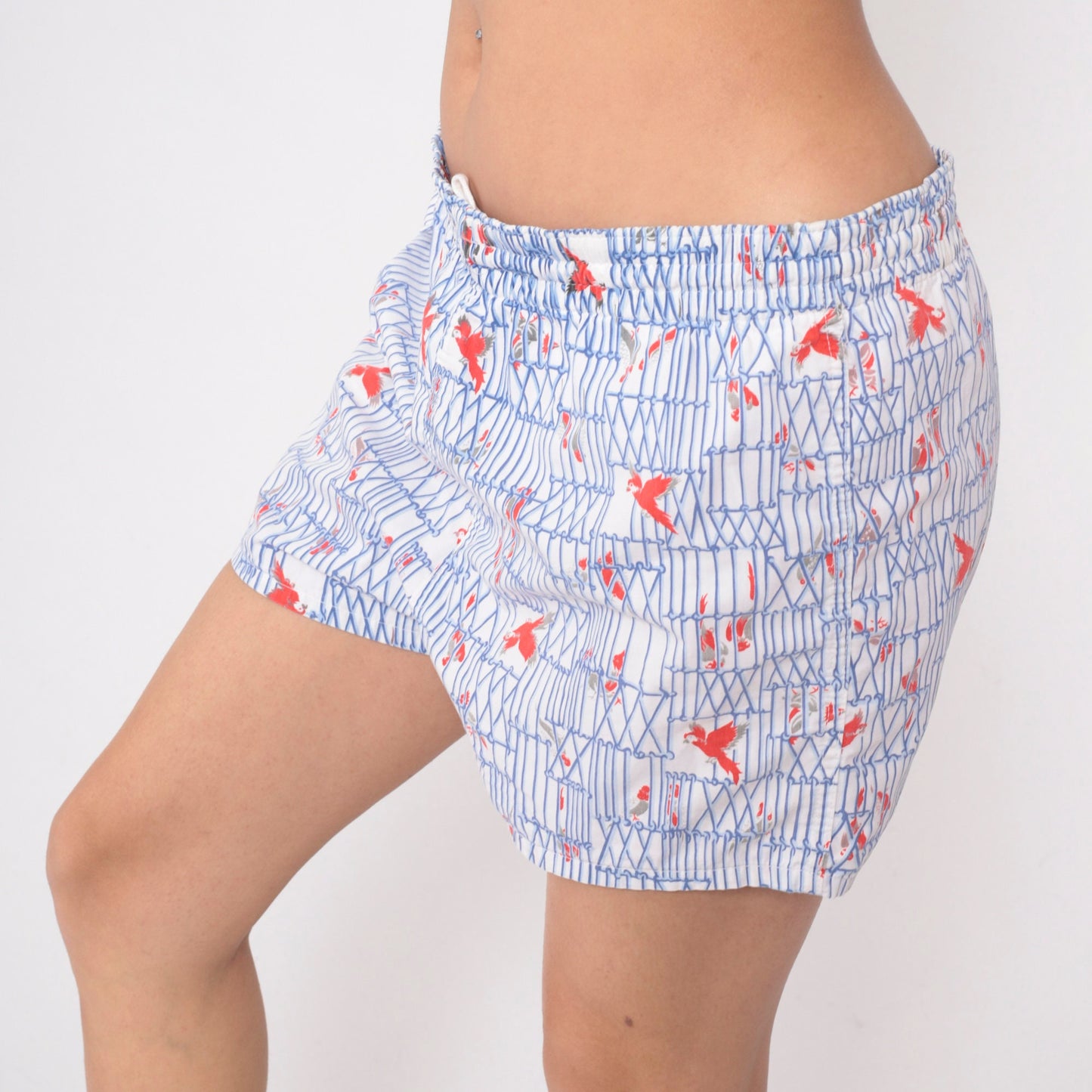 80s Bird Cage Parrot Swim Shorts White Blue Novelty Print Men's Medium