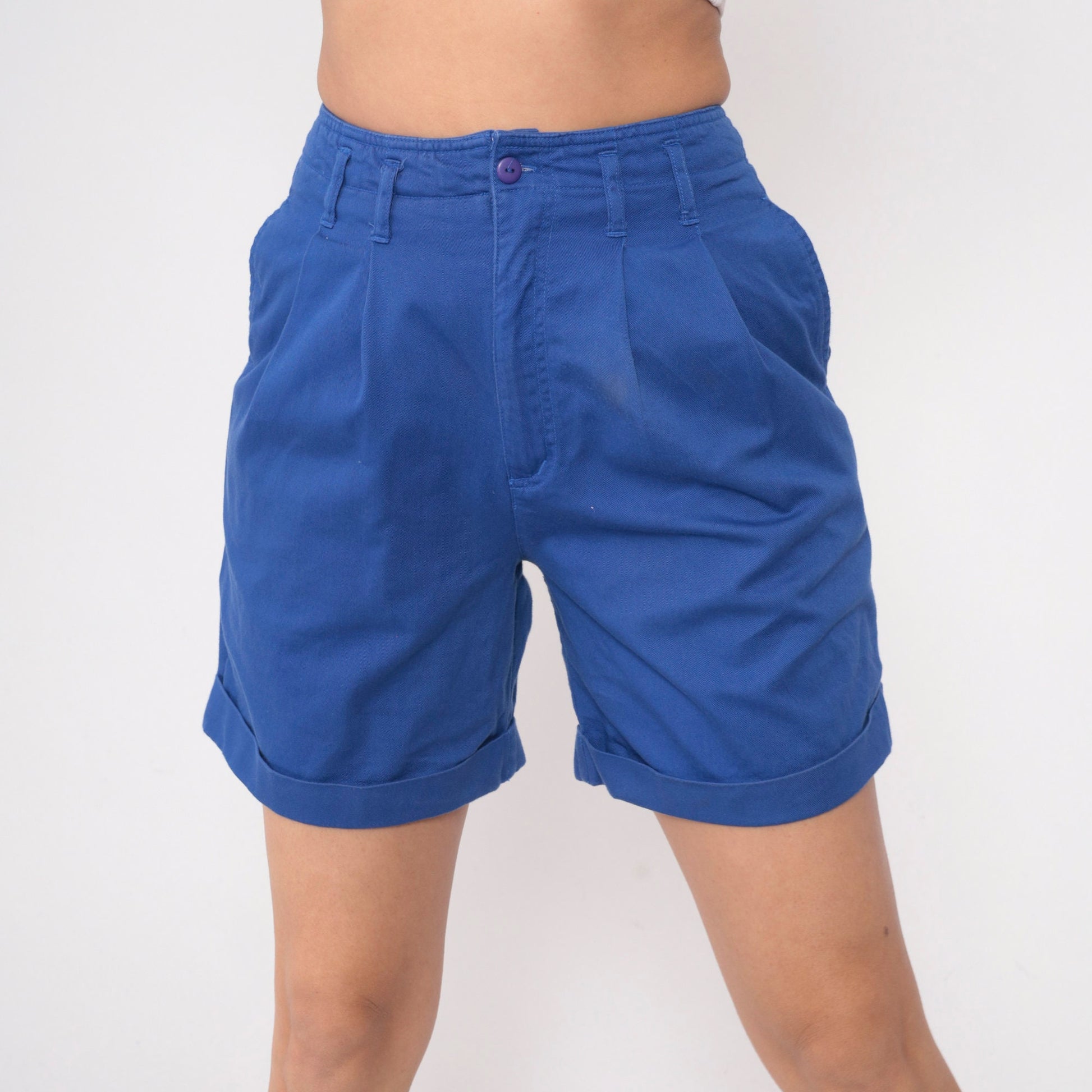 90s High Waisted Pleated Shorts Royal Blue Cotton Small