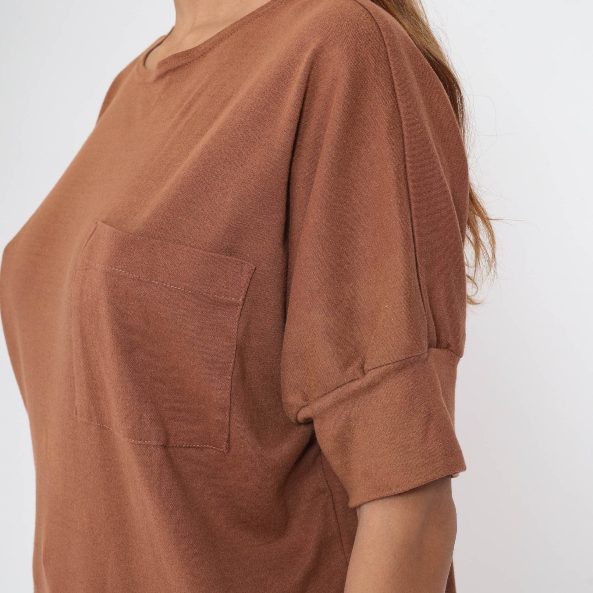 80s Brown Dolman Sleeve Pocket Tee Slouchy Crewneck Large L