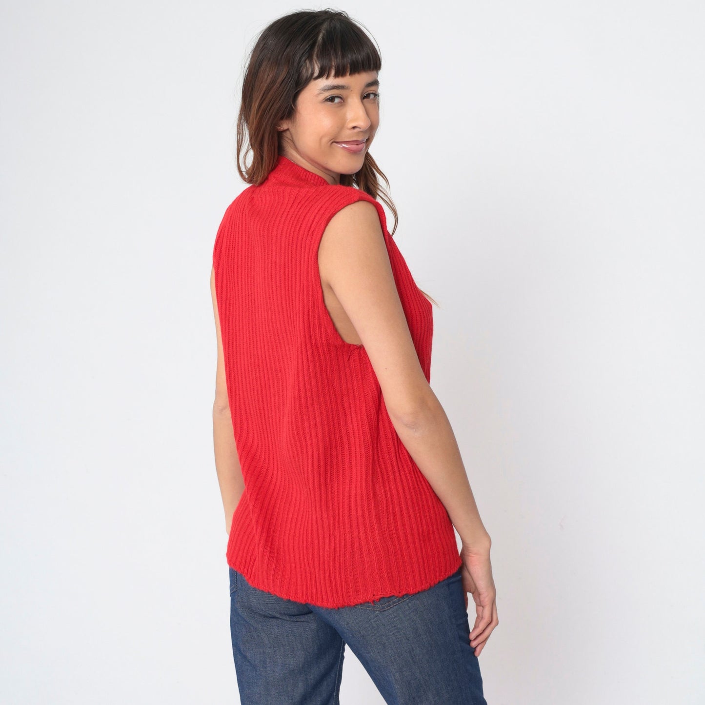 70s Red Ribbed Knit Sweater Vest V-Neck Sleeveless Pullover Large L