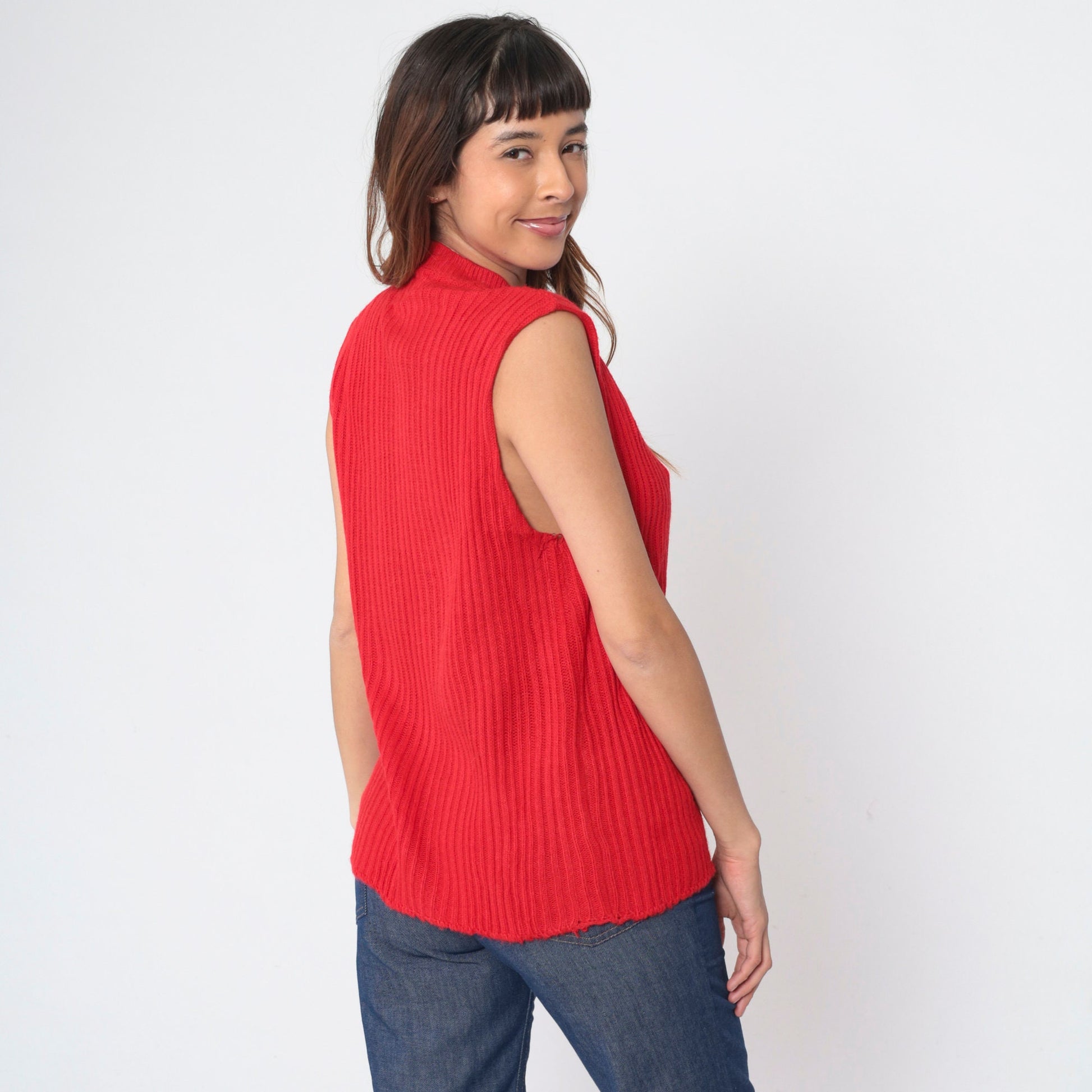 70s Red Ribbed Knit Sweater Vest V-Neck Sleeveless Pullover Large L