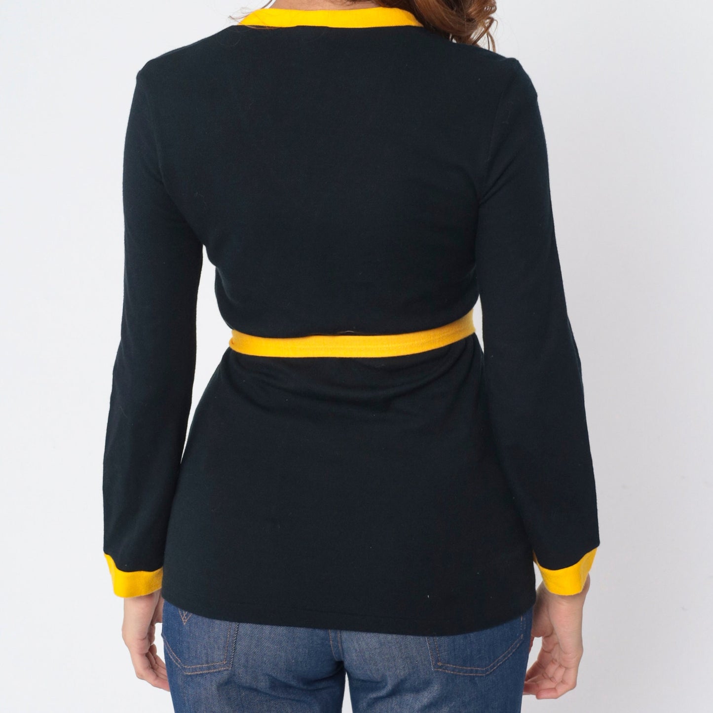 70s Black Knit Dragon Embroidered Wrap Top Yellow Trim Small S
