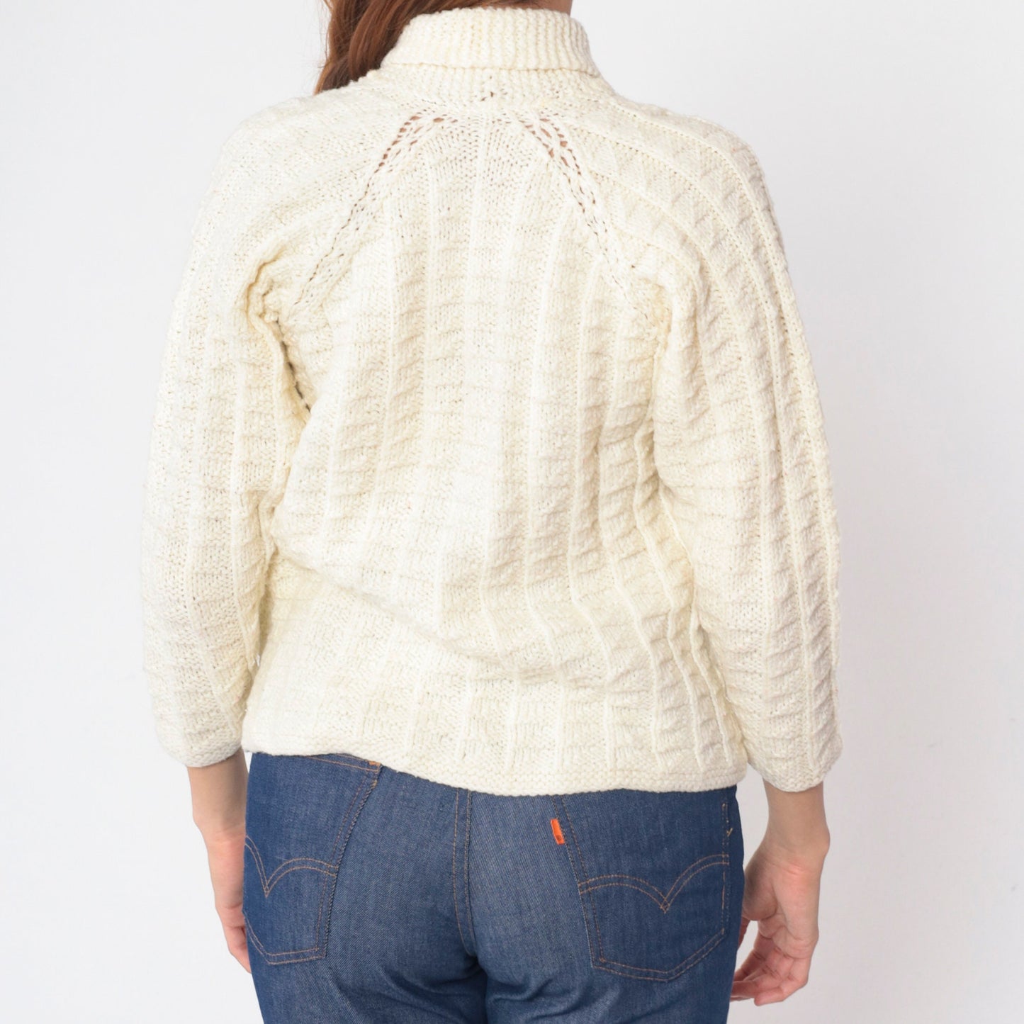 70s Cream Cardigan Shawl Collar Button-Up Knit Sweater Raglan Small S