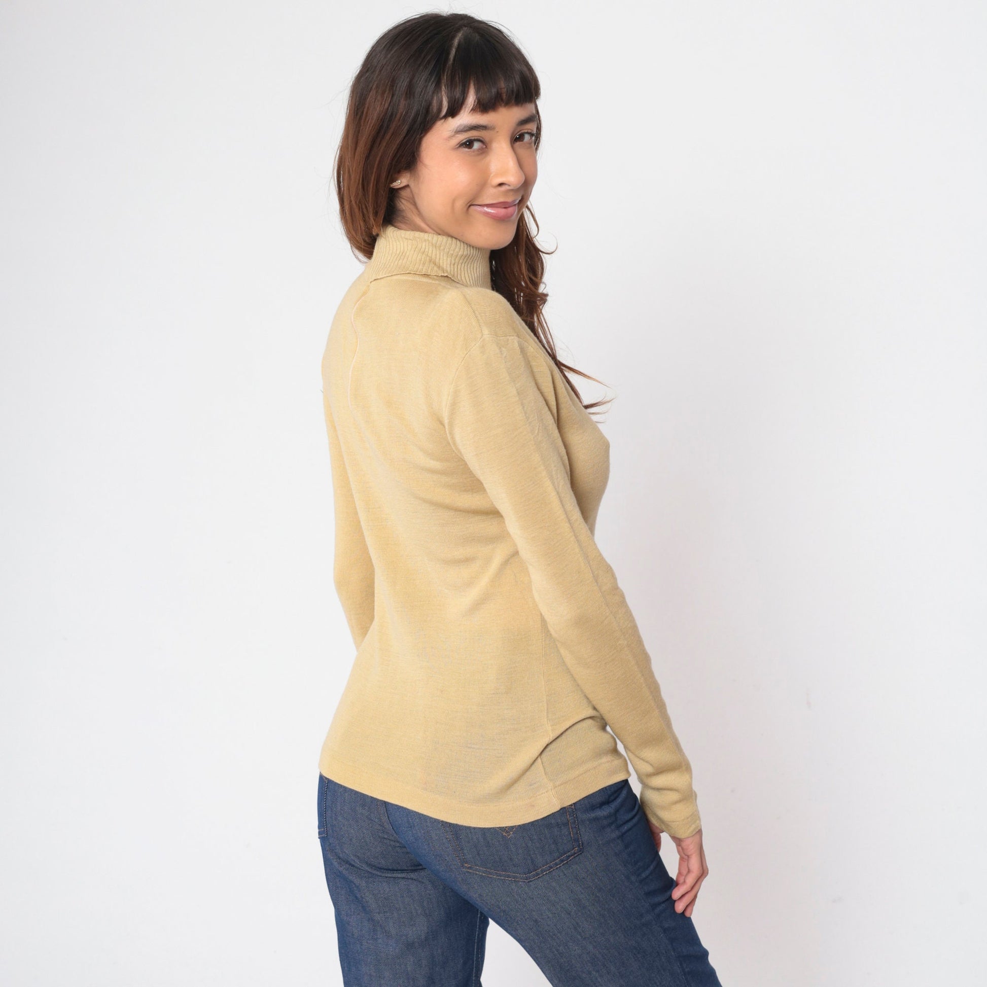 70s Jantzen Wool Blend Turtleneck Sweater Beige Long Sleeve Medium