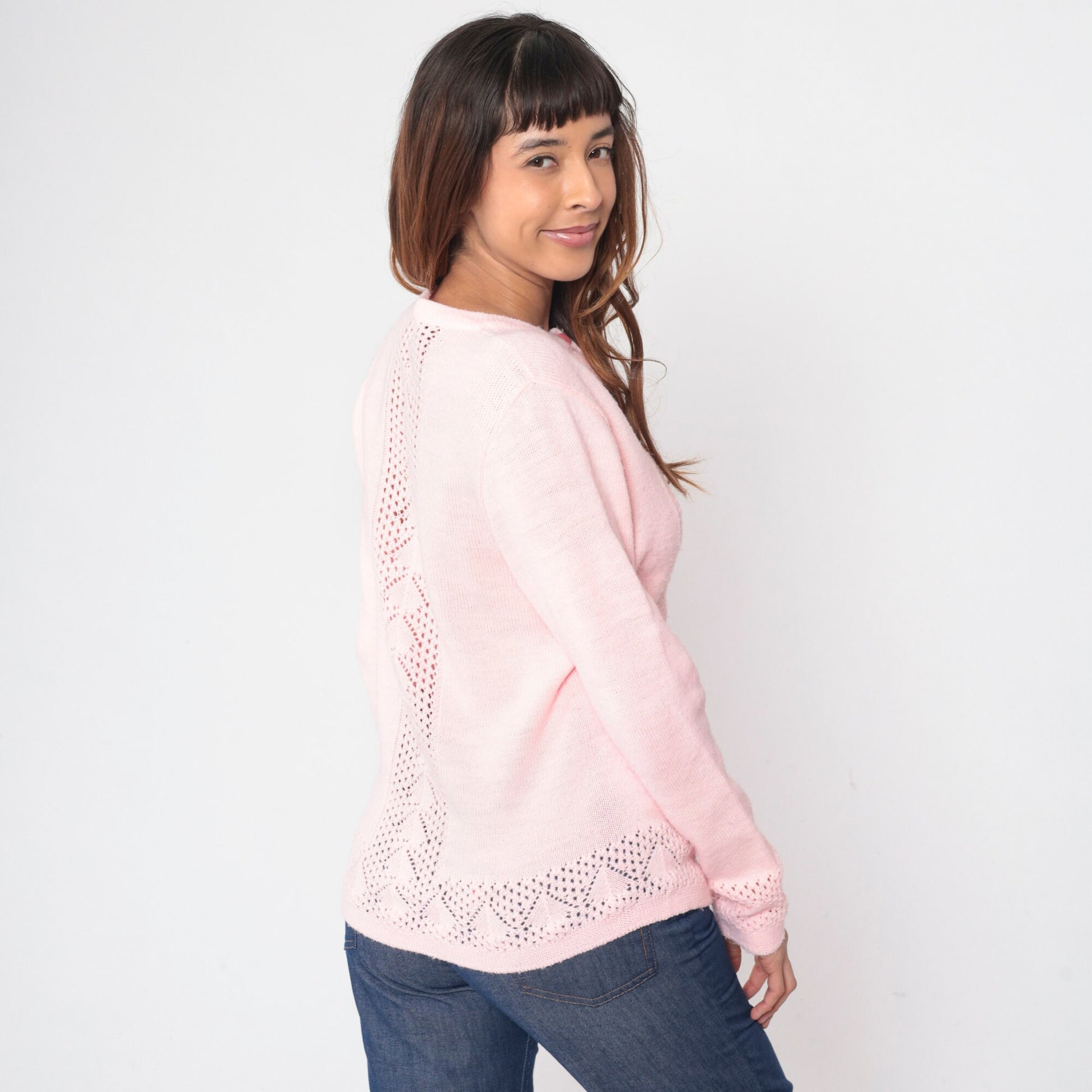 70s Baby Pink Pointelle Cardigan Button-Up Knit Sweater Small S