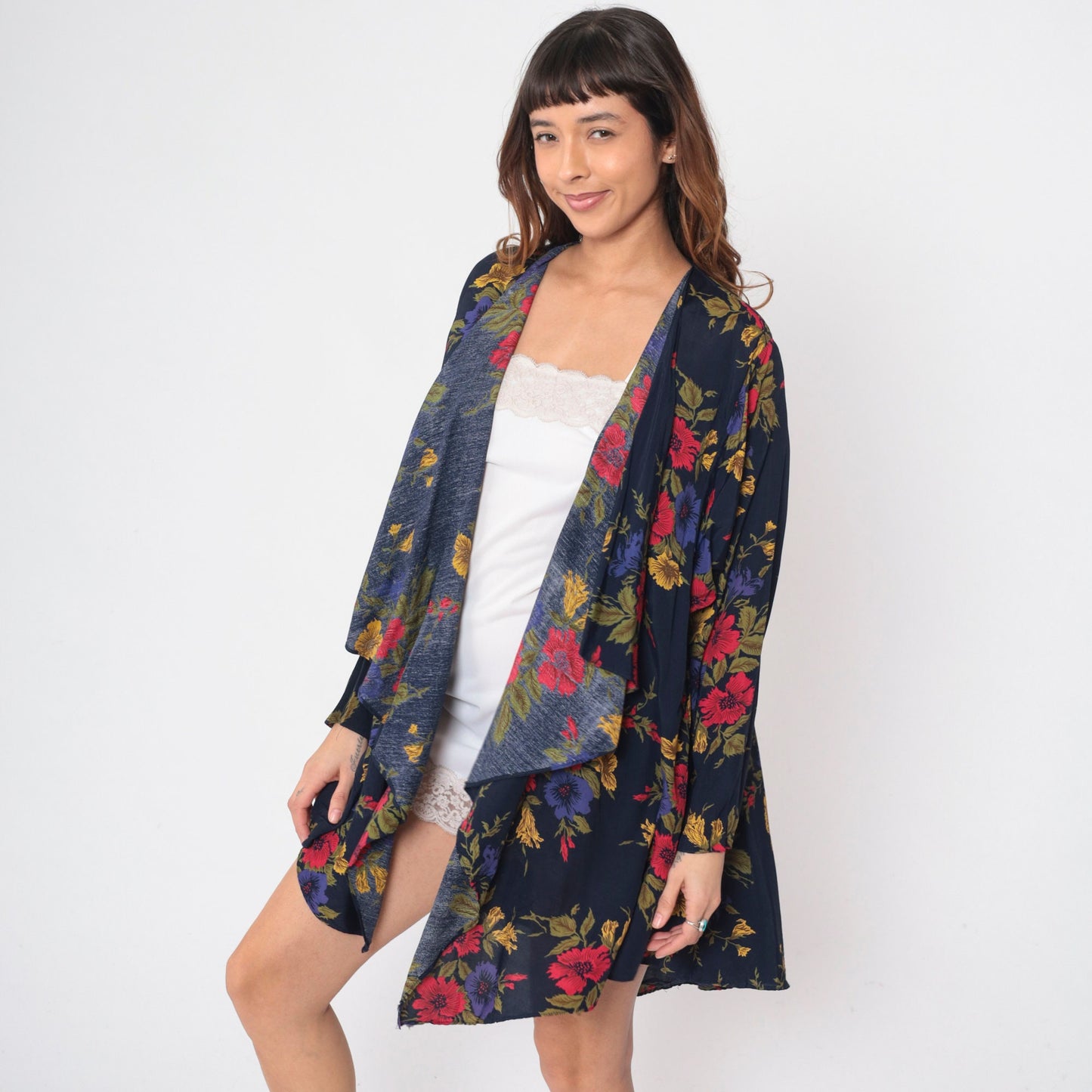 90s Navy Floral Open-Front Cardigan Jacket Waterfall Rayon Large