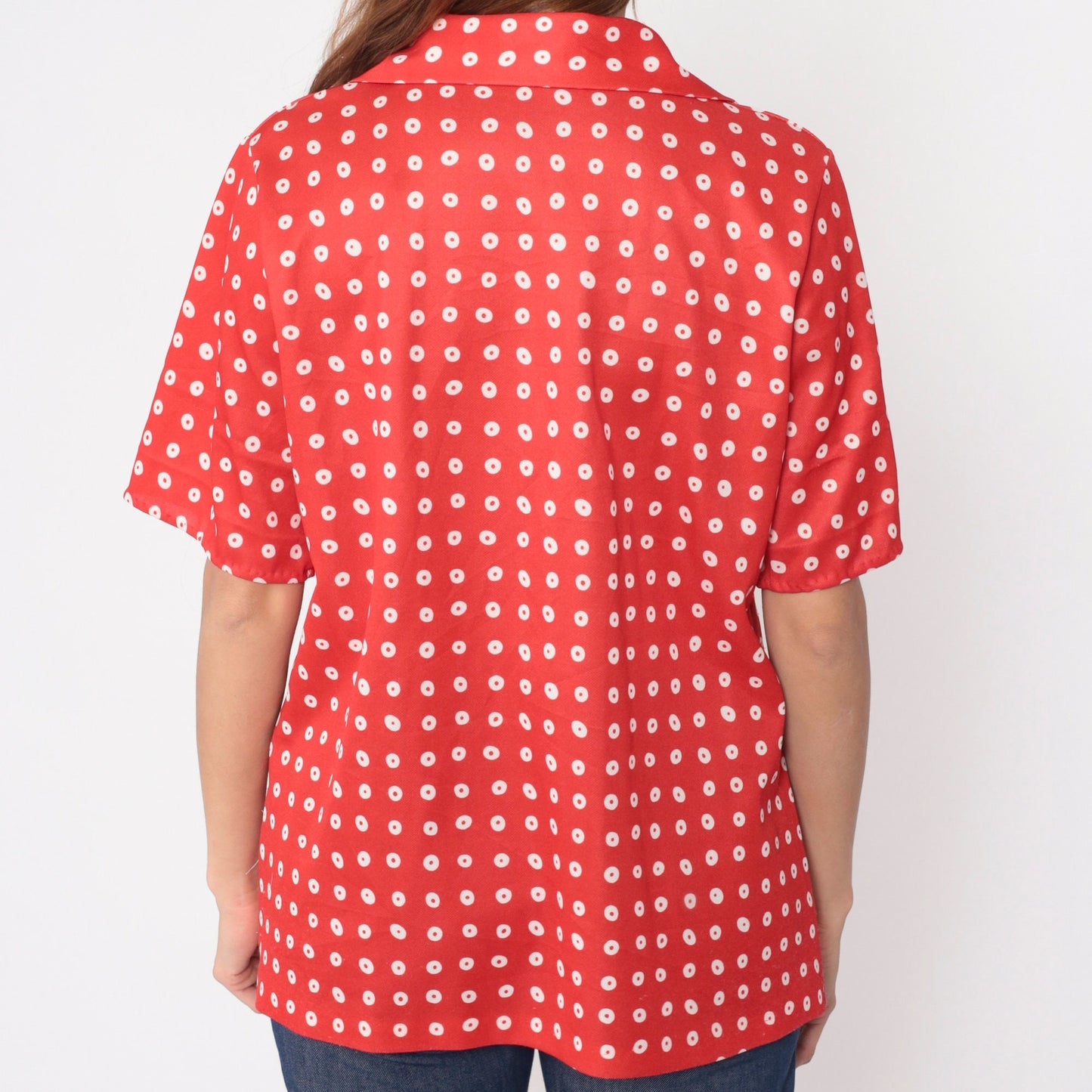 70s Red Polka Dot Button-Up Blouse Dagger Collar Yoke Pockets Large