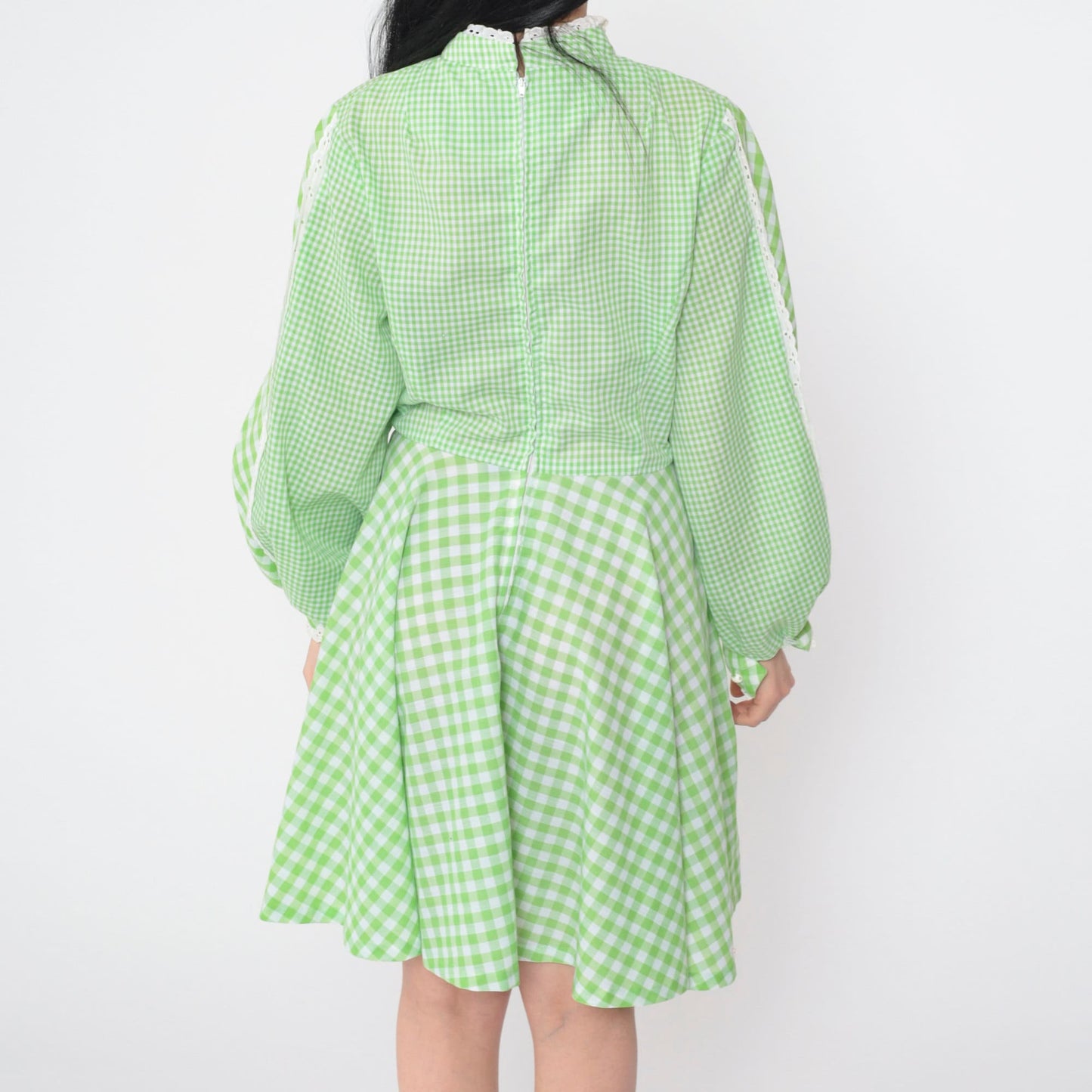 70s Green Gingham Mini Dress Mock Neck Balloon Sleeve Eyelet Lace Small