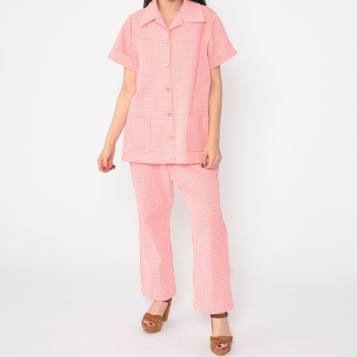 70s Pink Checkered Two Piece Set Button-Up Blouse Elastic Pants Large L