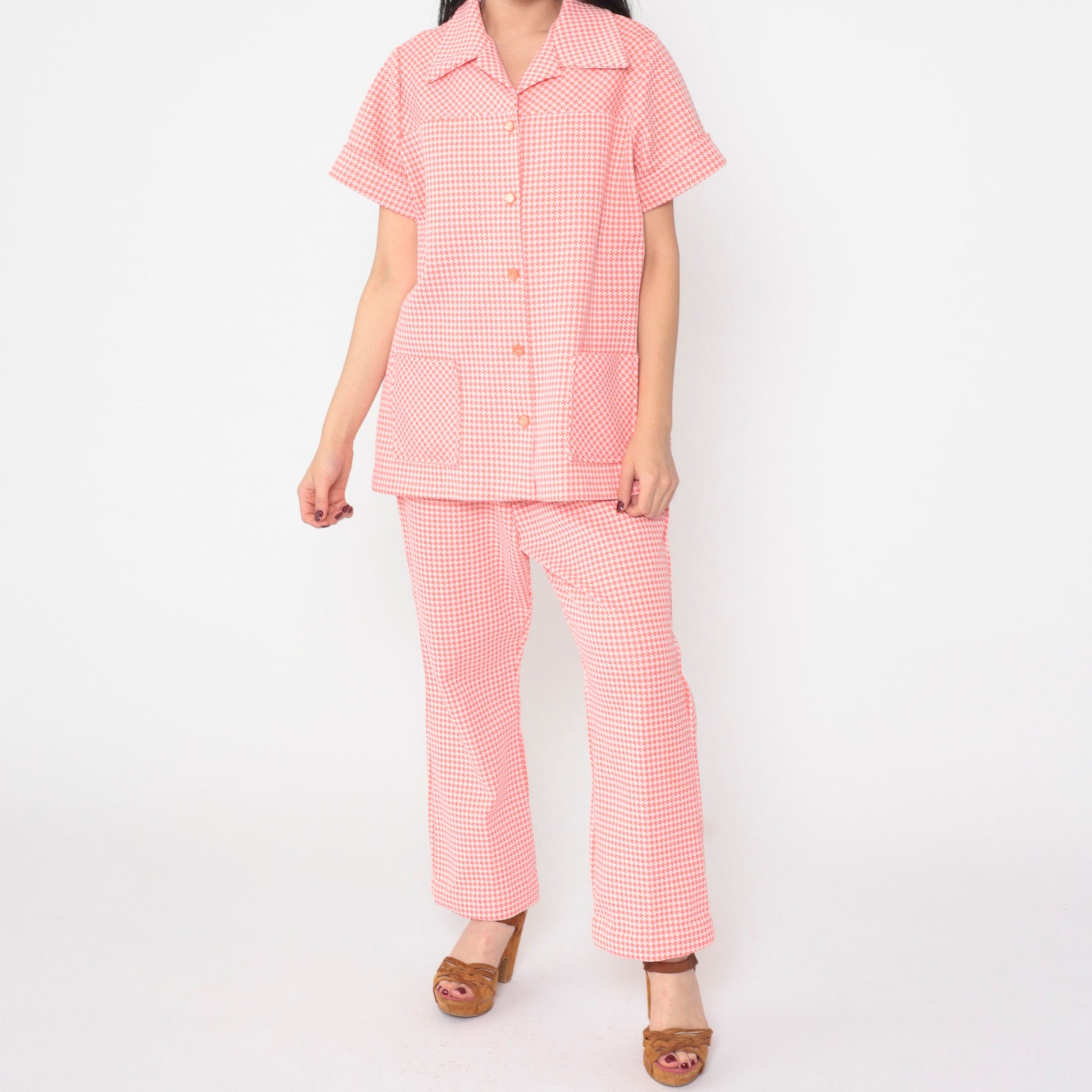 70s Pink Checkered Two Piece Set Button-Up Blouse Elastic Pants Large L