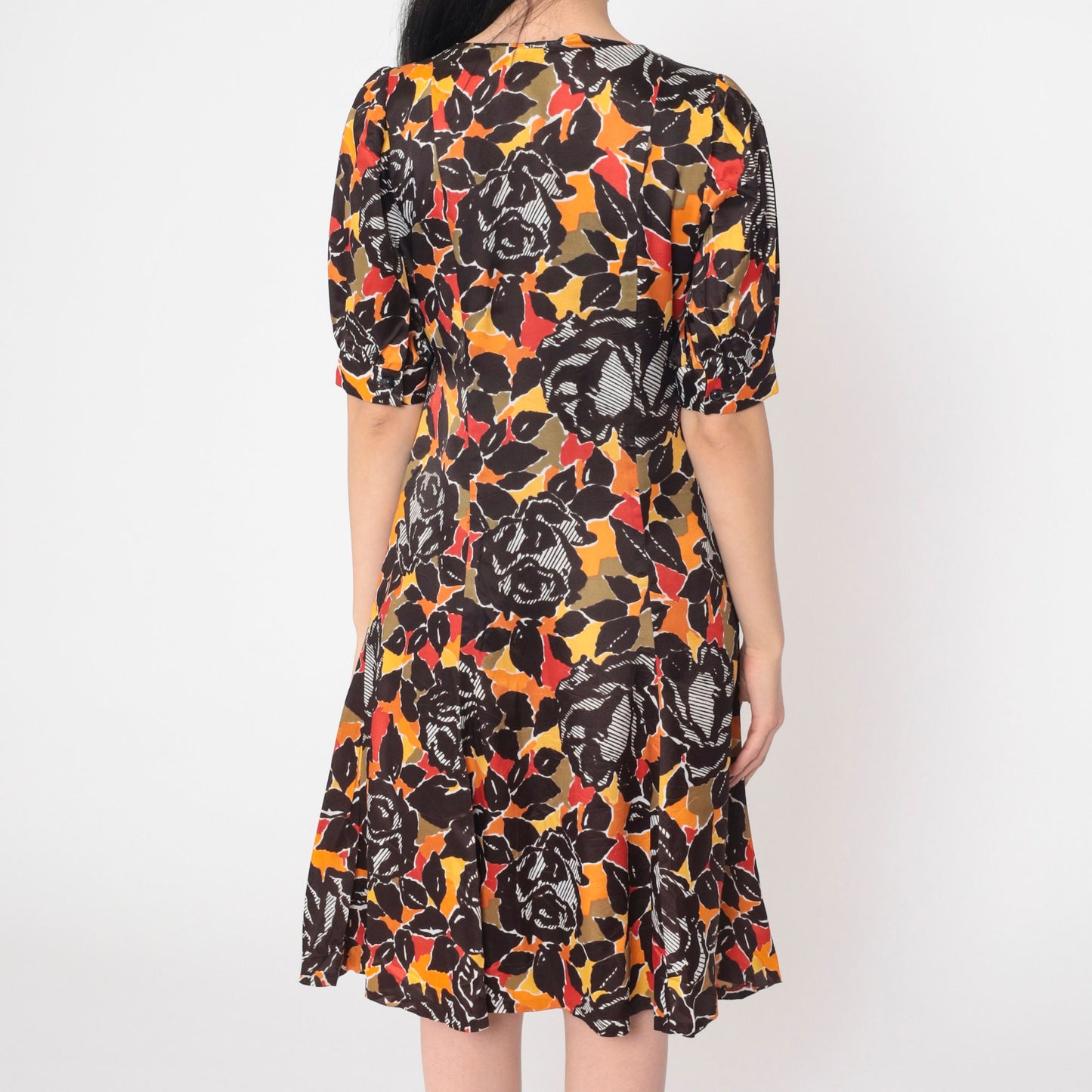 70s Rose Floral Print Mini Dress Puff Sleeve Shift Small