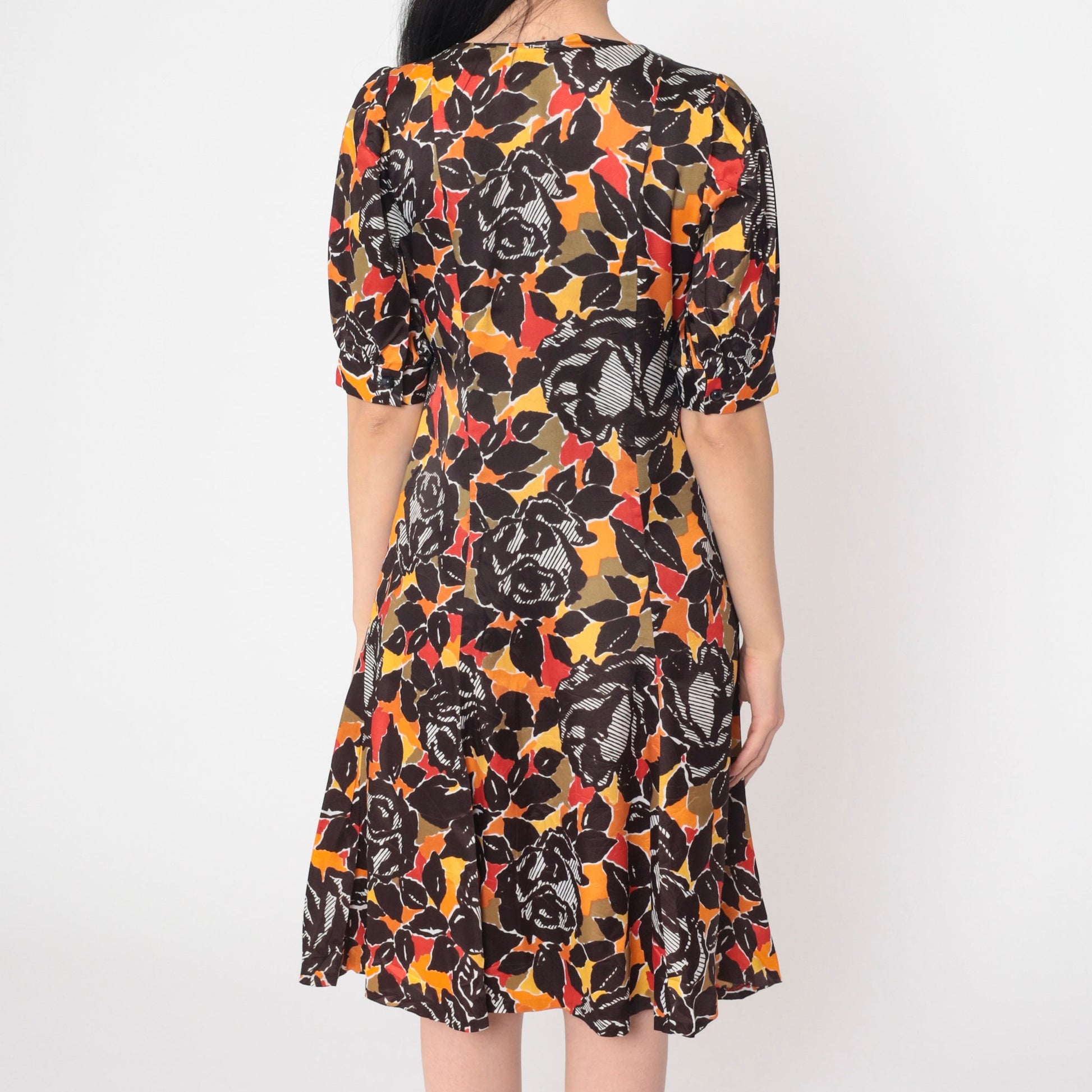 70s Rose Floral Print Mini Dress Puff Sleeve Shift Small