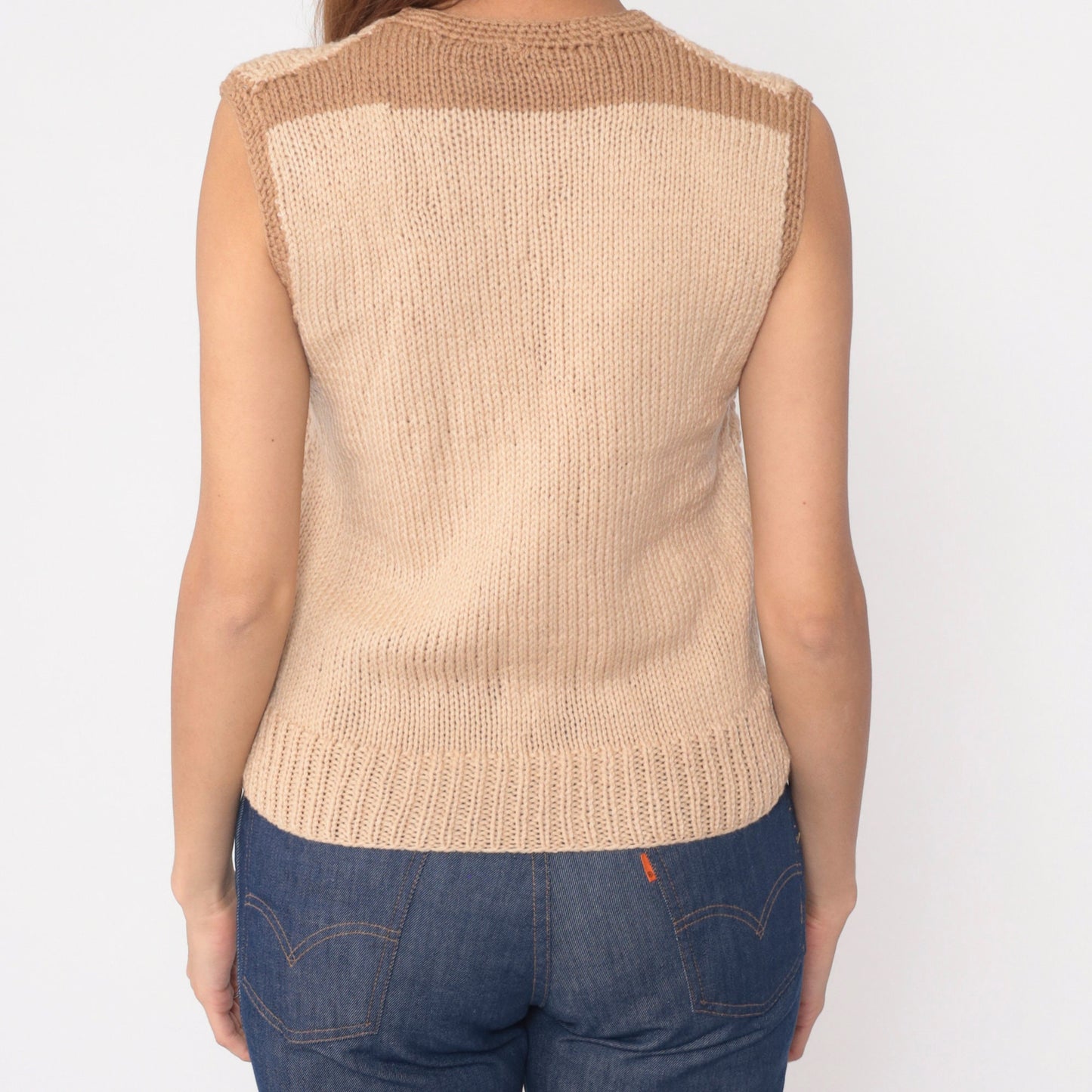 70s Tan Diamond Knit Sweater Vest V Neck Brown Trim Small