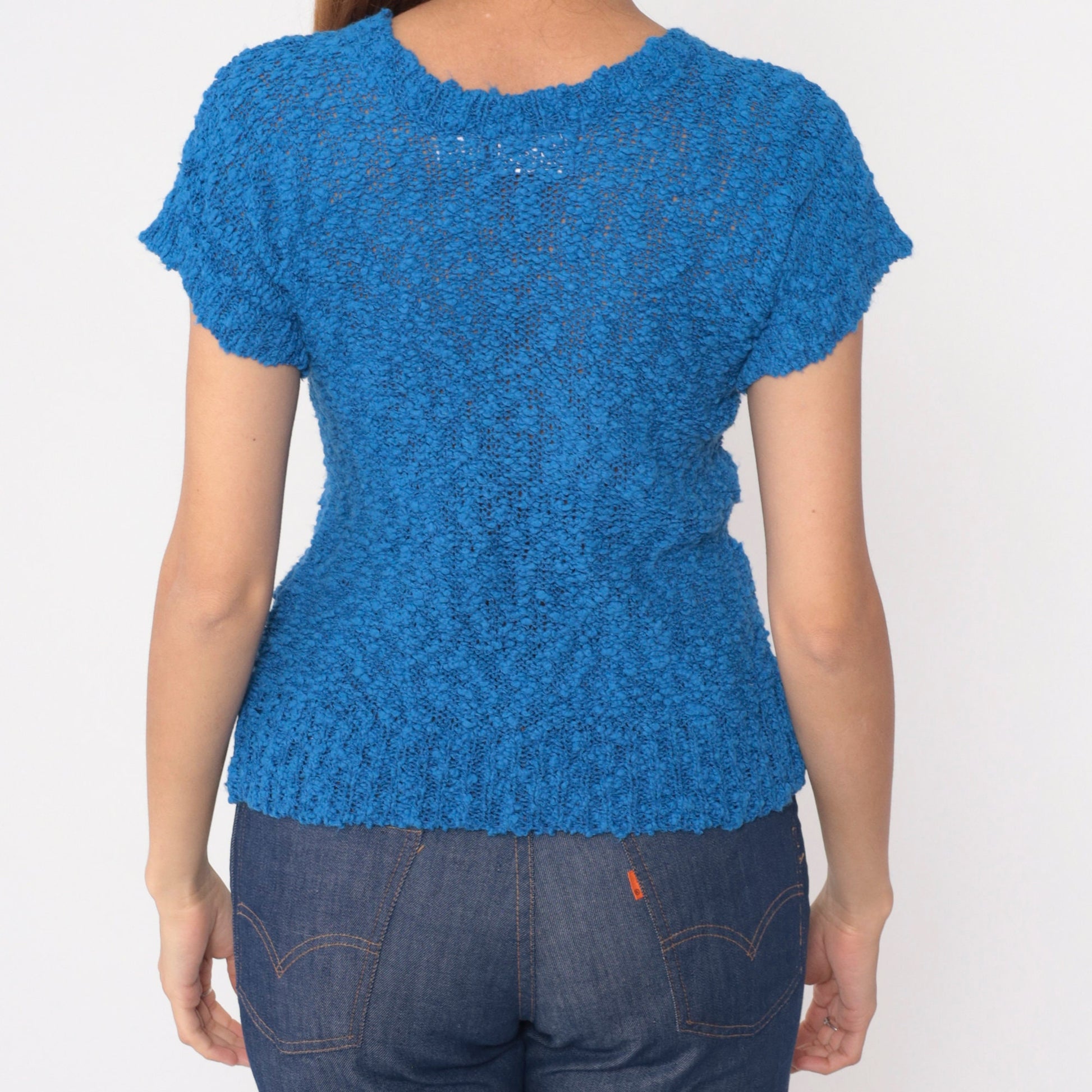 80s Blue Nubby Knit Sweater Top Short Sleeve V Neck Extra Small