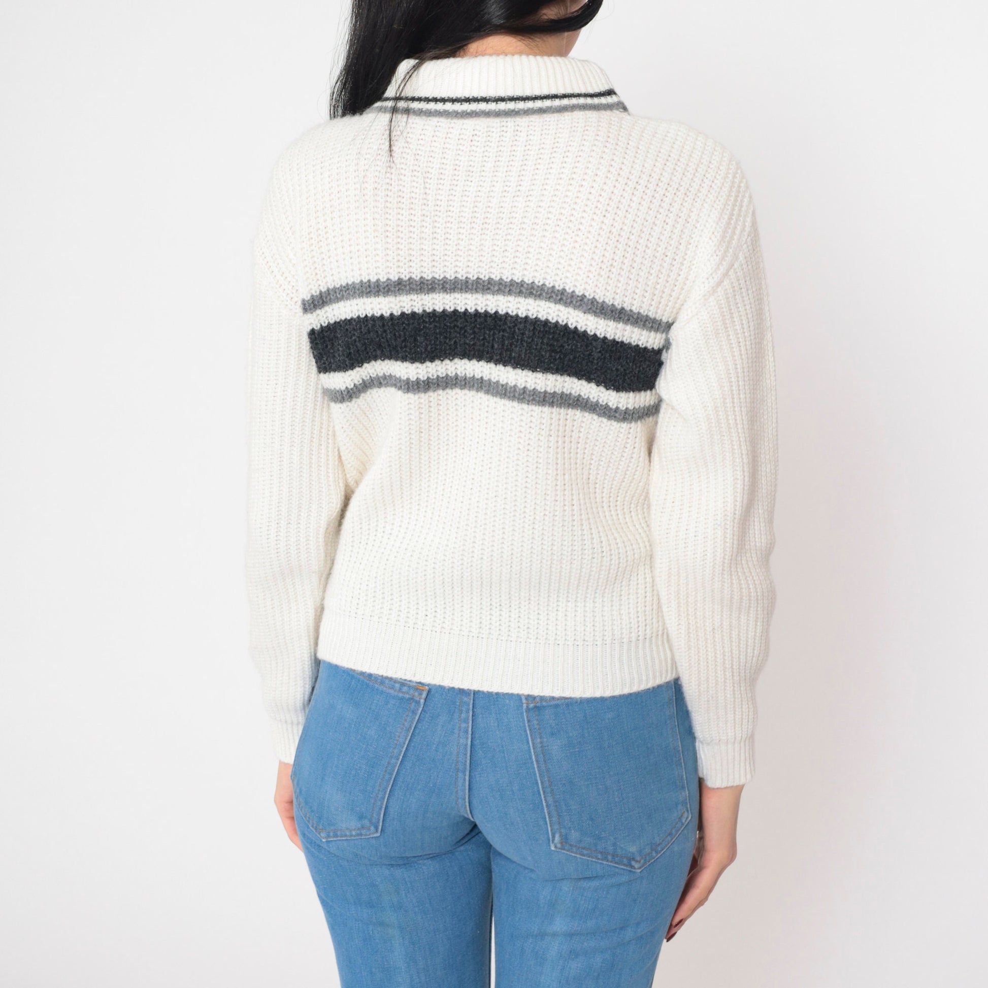 80s White Stag Striped Turtleneck Sweater Black Grey Knit Small