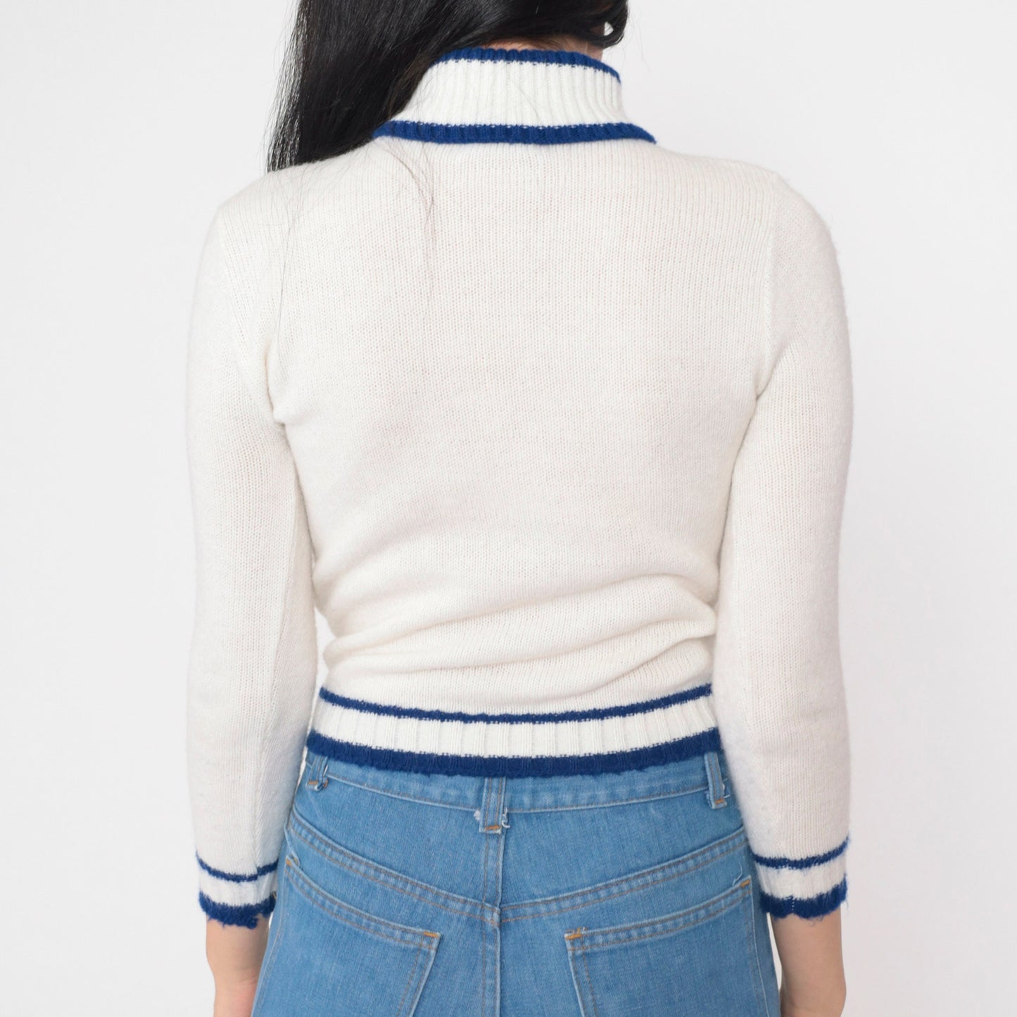 70s White Turtleneck Sweater Blue Striped Ringer Knit Cropped Extra Small