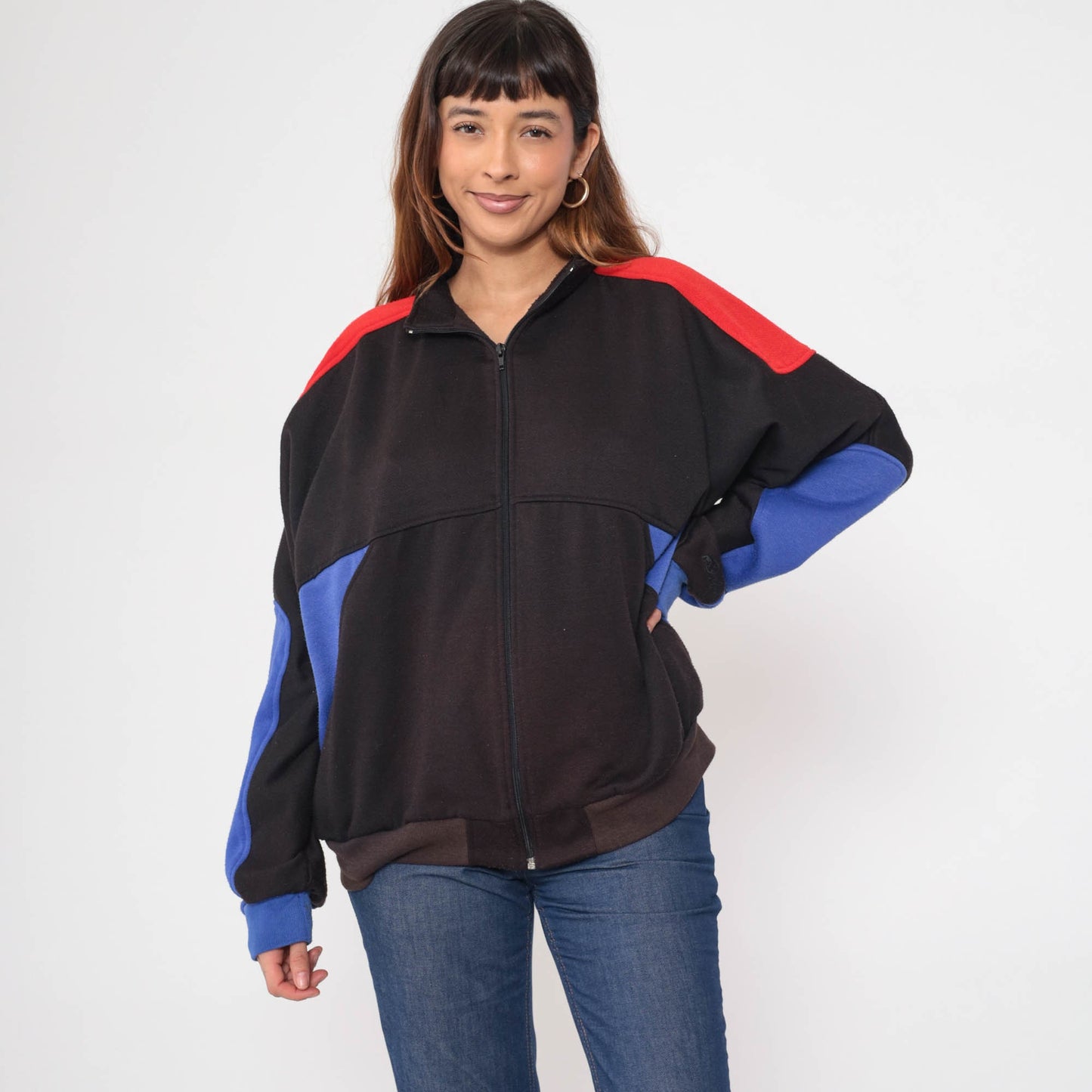 90s Dolfin Zip Up Sweatshirt Faded Black Red Blue Striped Track Jacket Large L